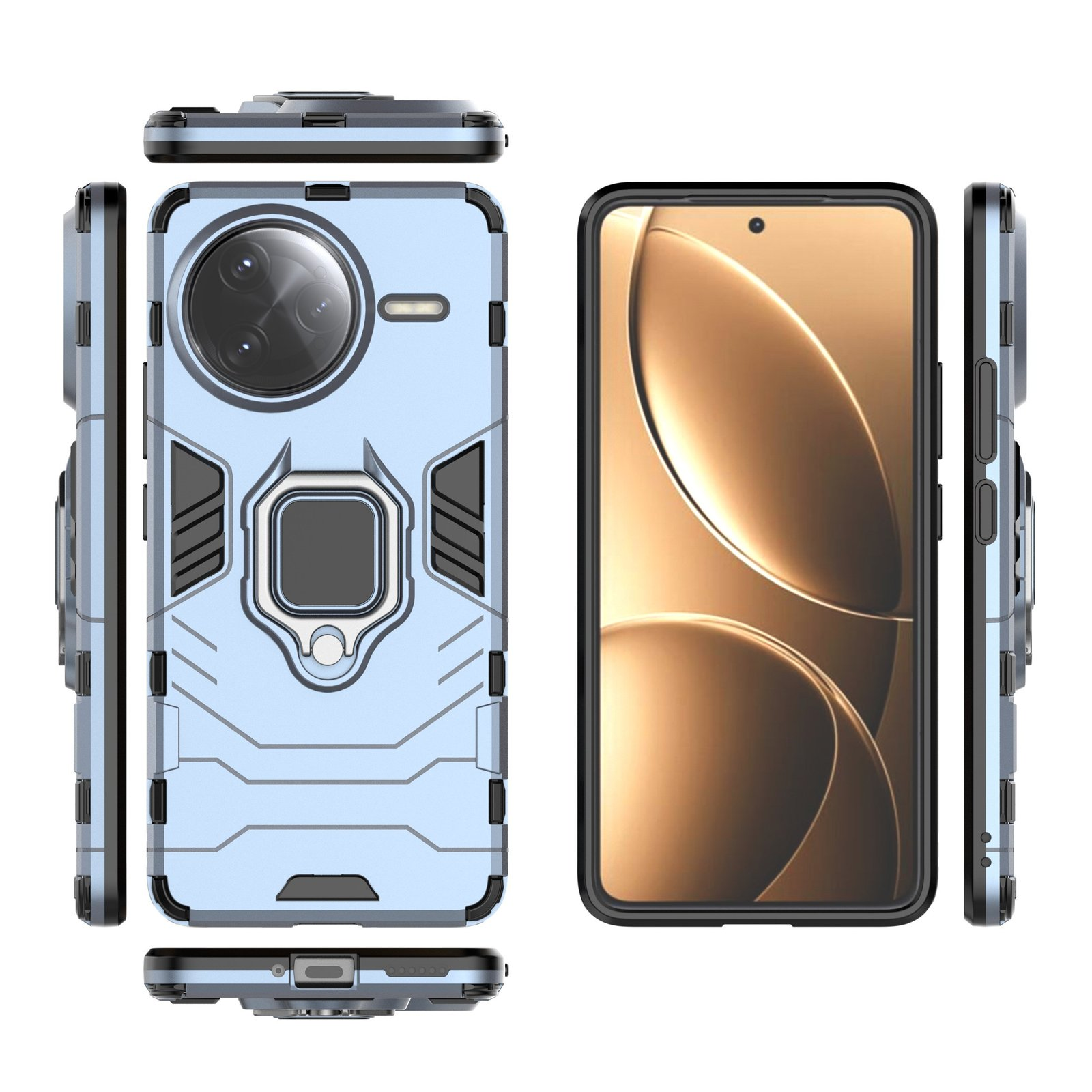 Teléfono en una funda azul claro, con pantalla negra y dos vistas laterales, mostrando detalles de la funda.