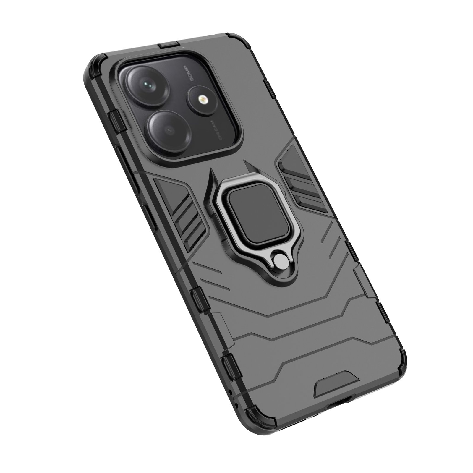 Una funda gris para teléfono con soporte de anillo. Tiene recortes para la cámara y un diseño texturizado. El fondo es blanco.
