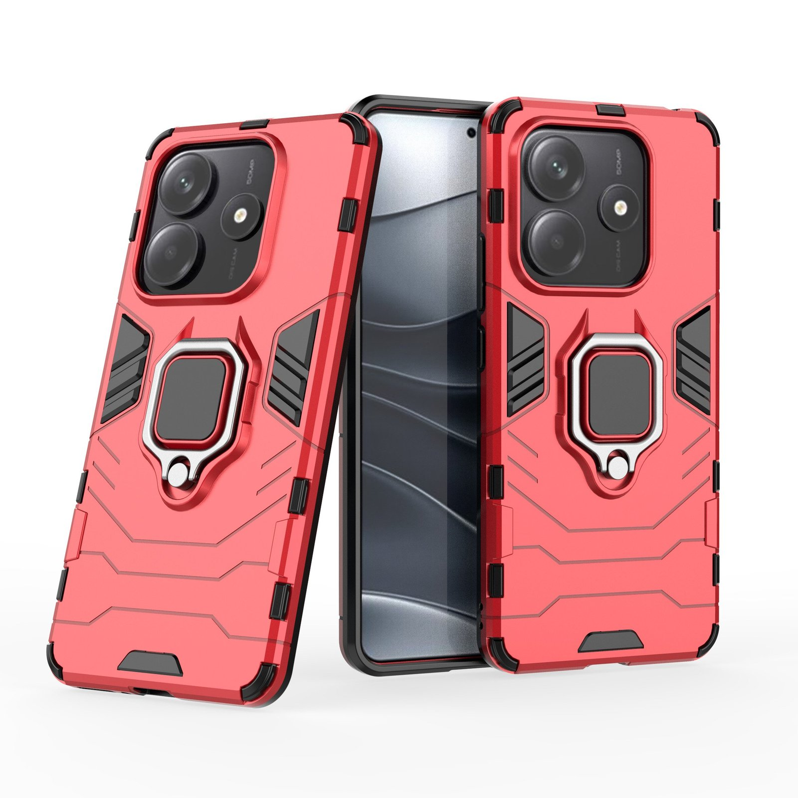 Fundas rojas para teléfono con detalles negros, portaanillos y recortes para cámara. Una tiene un teléfono dentro.