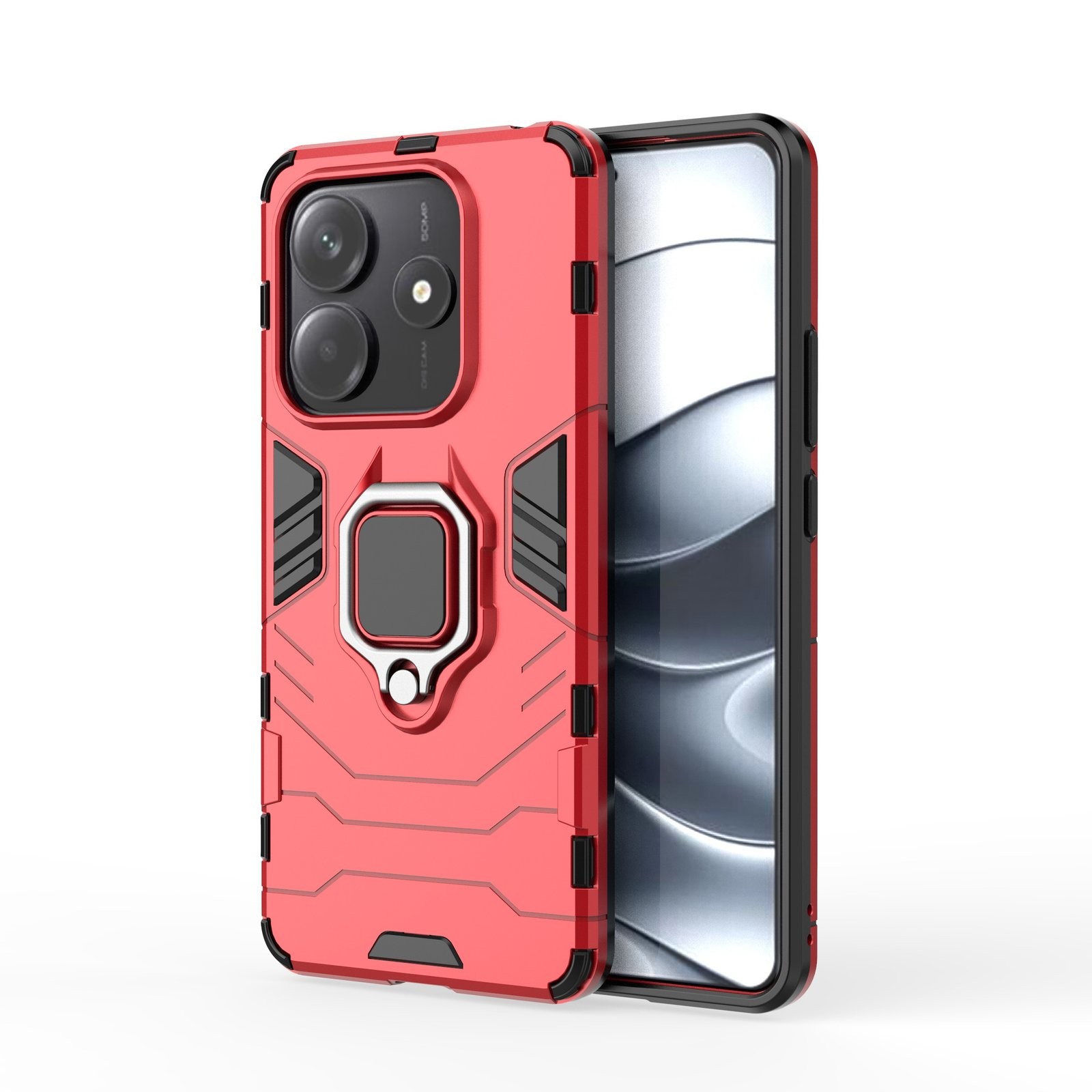 Una funda roja para teléfono con un soporte de anillo, que cubre un teléfono. La funda tiene detalles en negro y un recorte para la cámara.