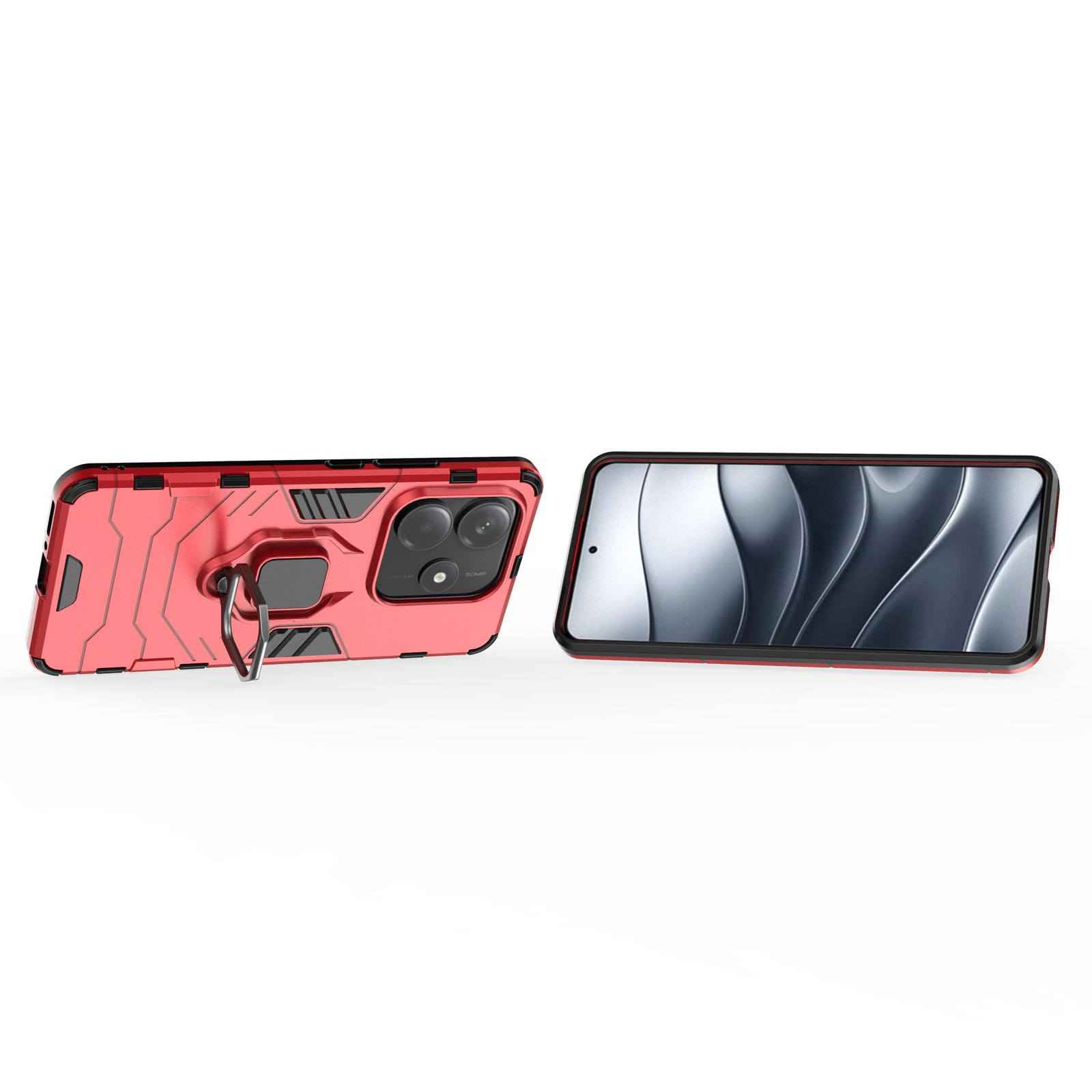 Dos smartphones: uno con funda roja con soporte de anillo, otro con pantalla gris ondulada.