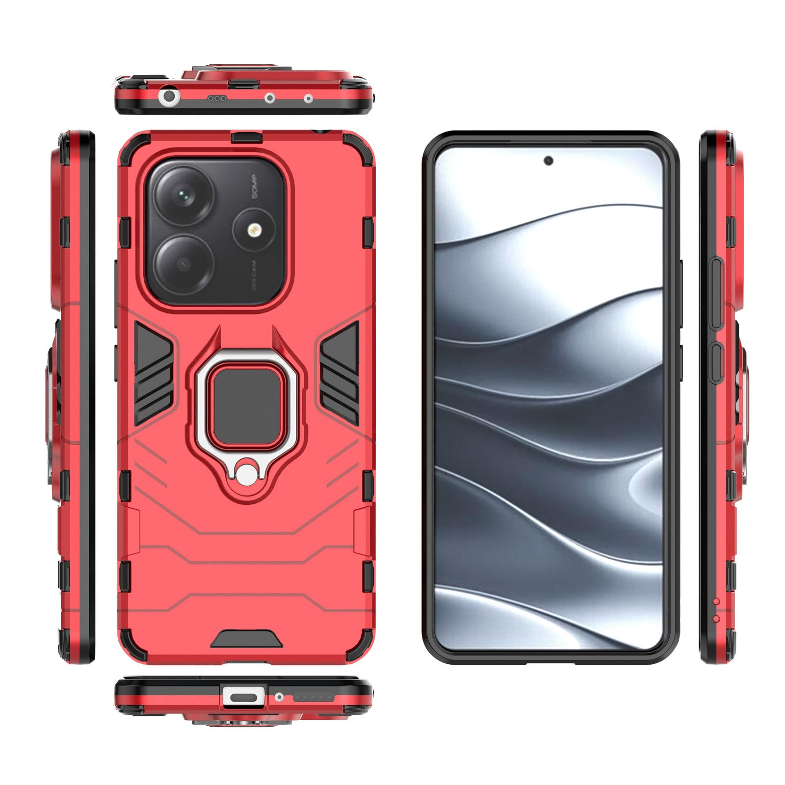 Funda de teléfono roja, detalles en negro, pantalla del teléfono. Muestra la funda desde varios ángulos. Fondo blanco.