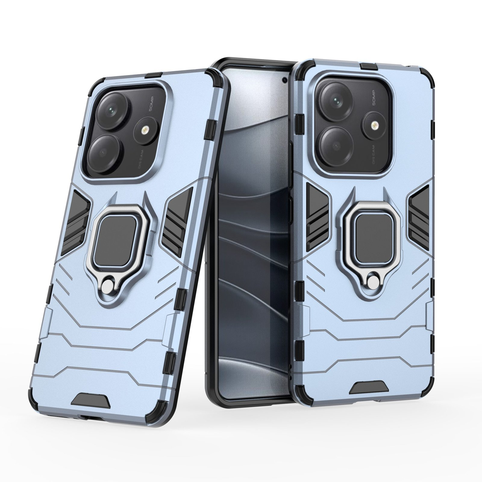 Dos fundas de teléfono azul claro con detalles en negro. Cada una tiene cámara, soporte de anillo y diseño único. El fondo es blanco.
