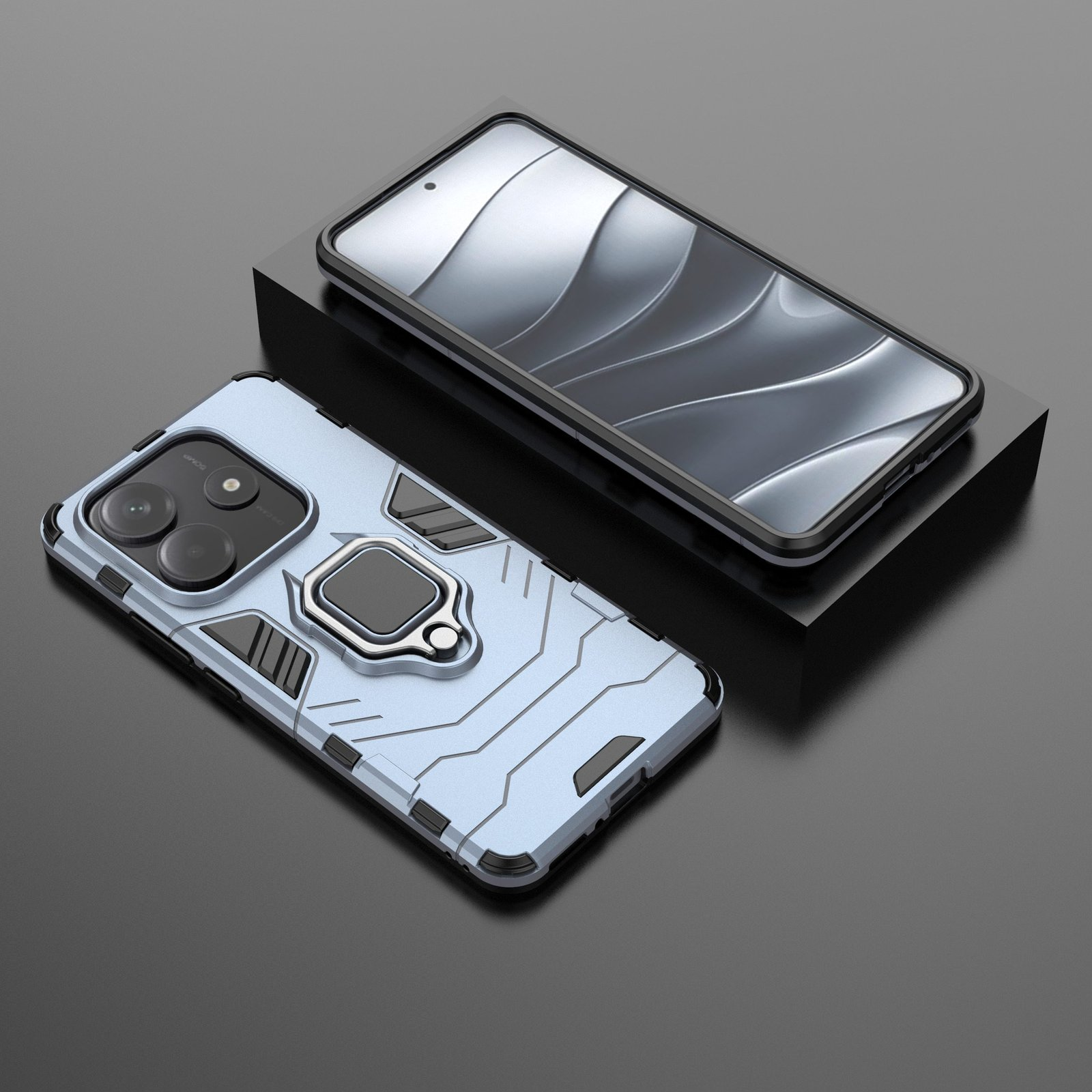 Un teléfono y una funda están sobre una superficie negra. El teléfono está en un soporte negro. La funda es azul claro.