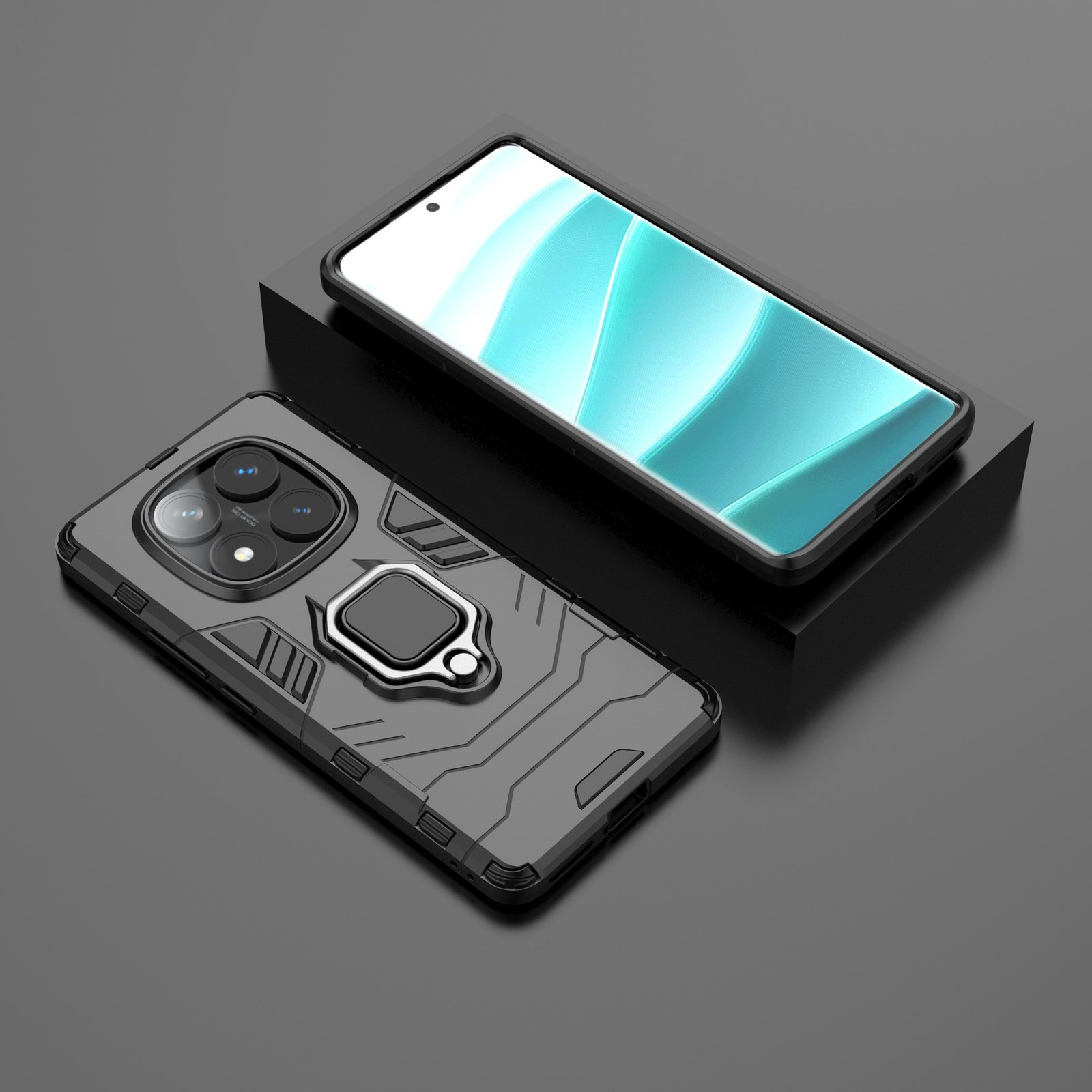 Dos teléfonos con fundas sobre una superficie oscura. Un teléfono está en posición vertical, el otro está tumbado. Ambos son grises y negros.