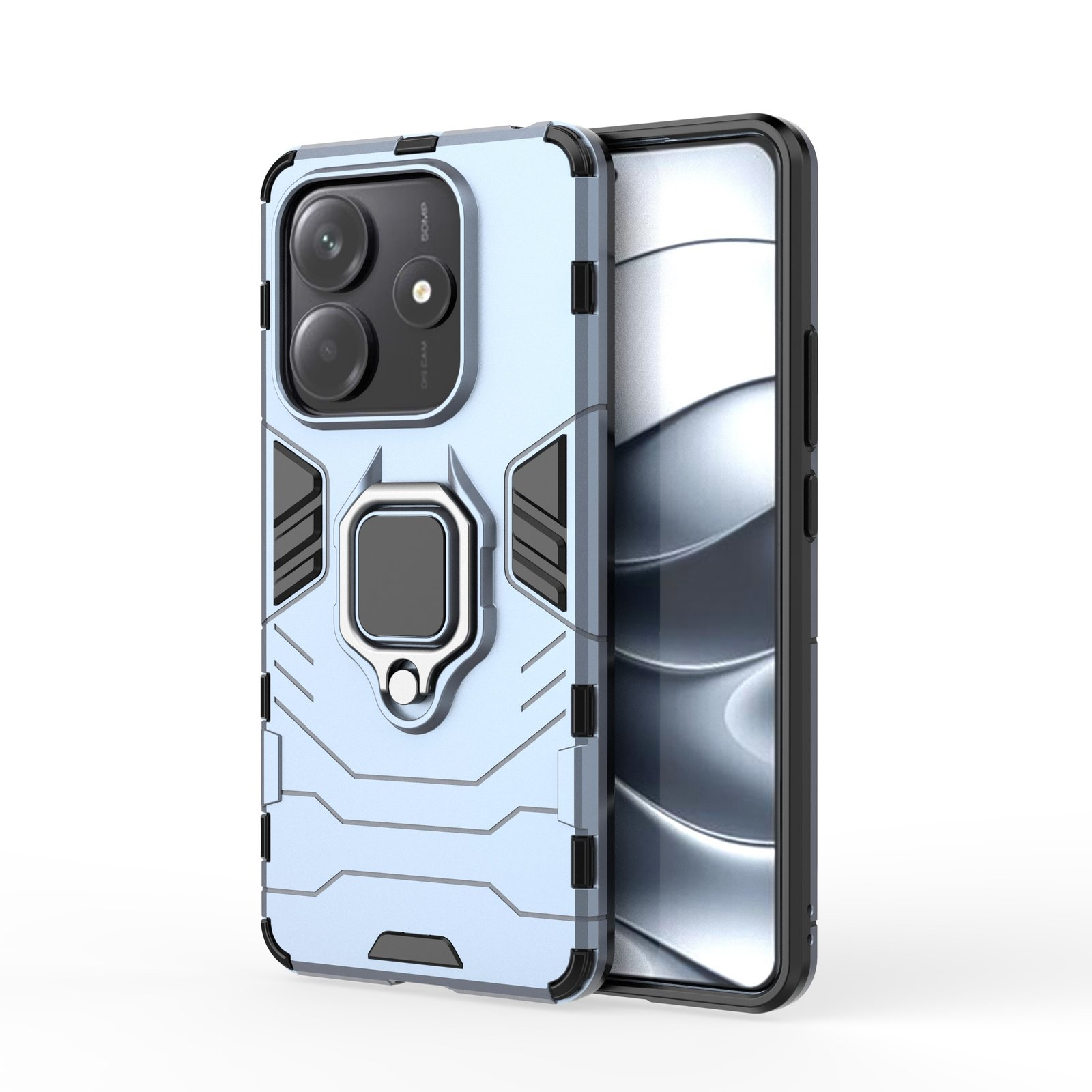 Una funda de teléfono azul claro con un soporte de anillo plateado, que cubre un teléfono inteligente negro. La funda tiene un recorte para la cámara.