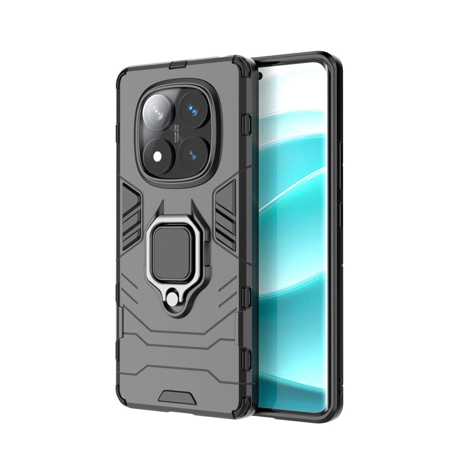 Una funda gris para teléfono con soporte de anillo, que cubre parte de un teléfono. La pantalla del teléfono es visible a la derecha.