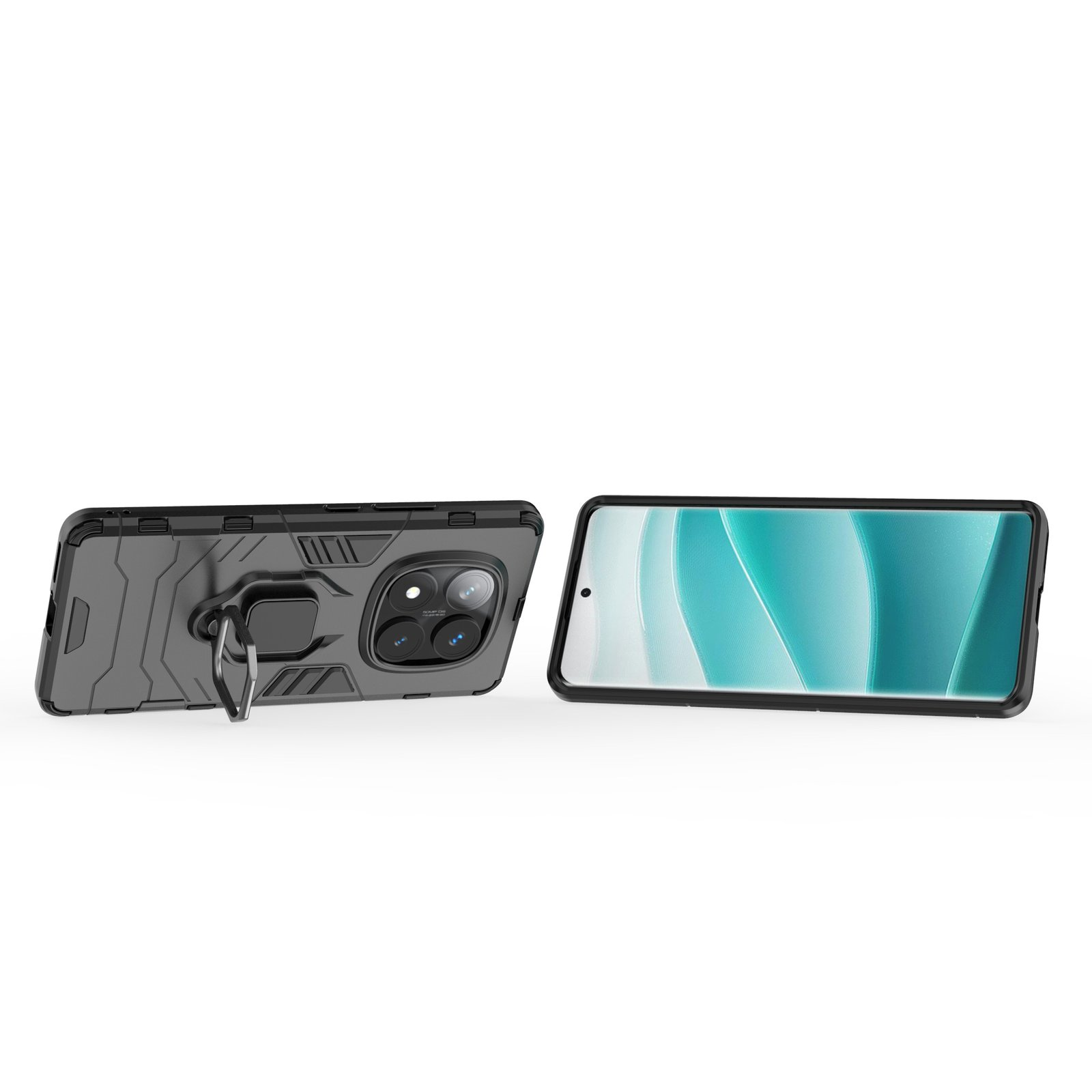 Dos fundas negras para teléfono, una con soporte de anillo, sobre blanco. Una muestra la pantalla.