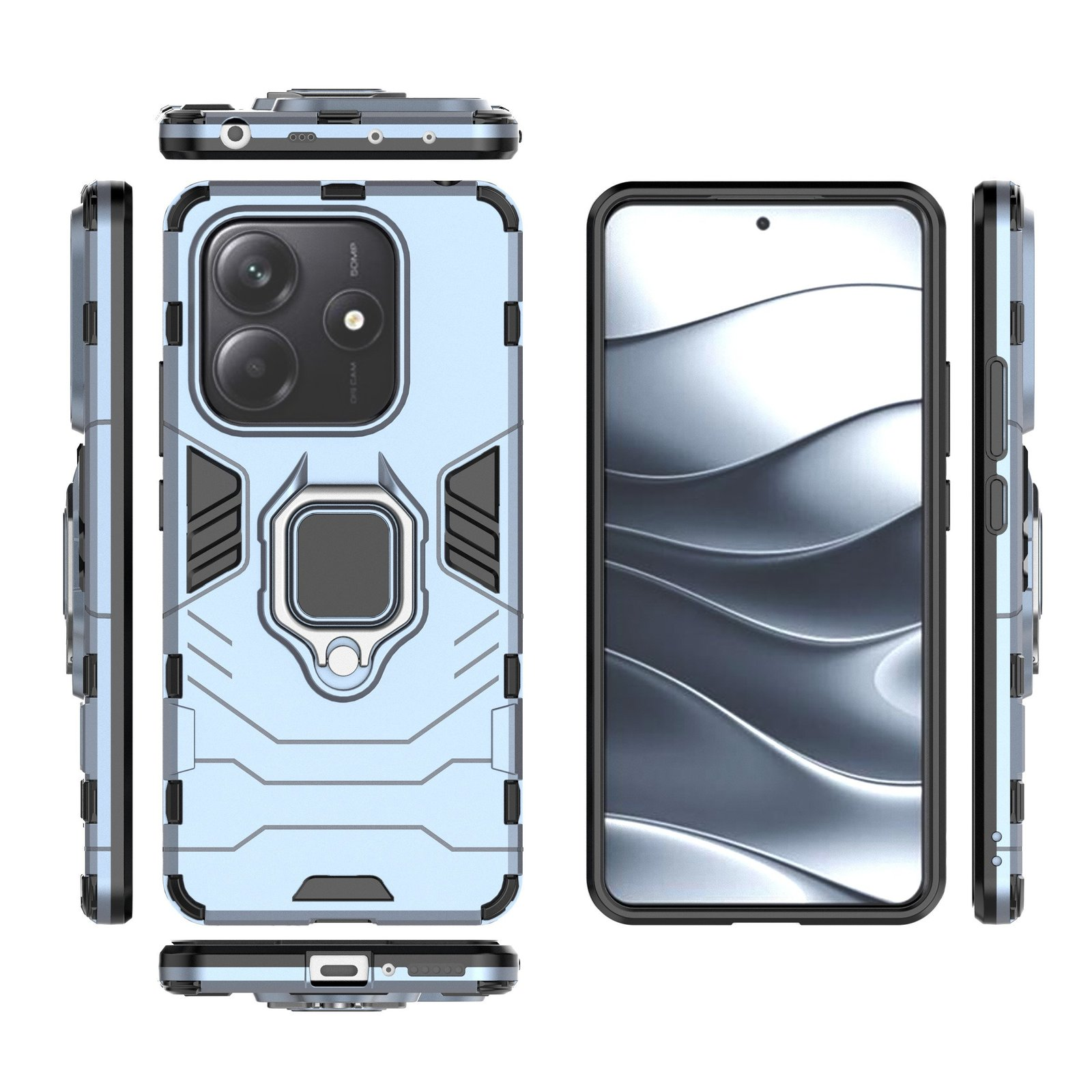 Una funda de teléfono con un teléfono dentro, colores azul claro y negro, múltiples ángulos, con un soporte de anillo.