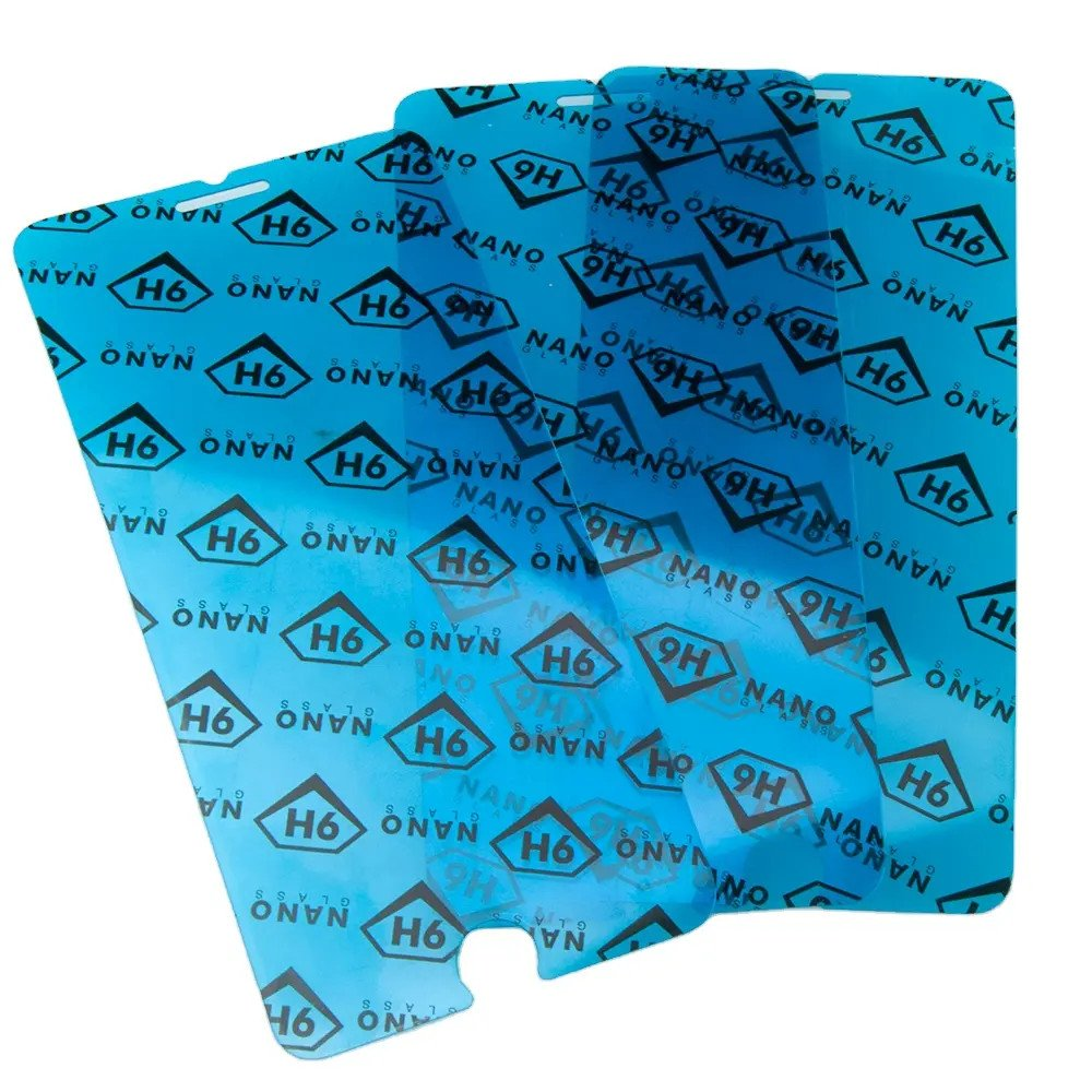 Varios protectores de pantalla azules con texto: 'NANO GLASS 9H H6'.