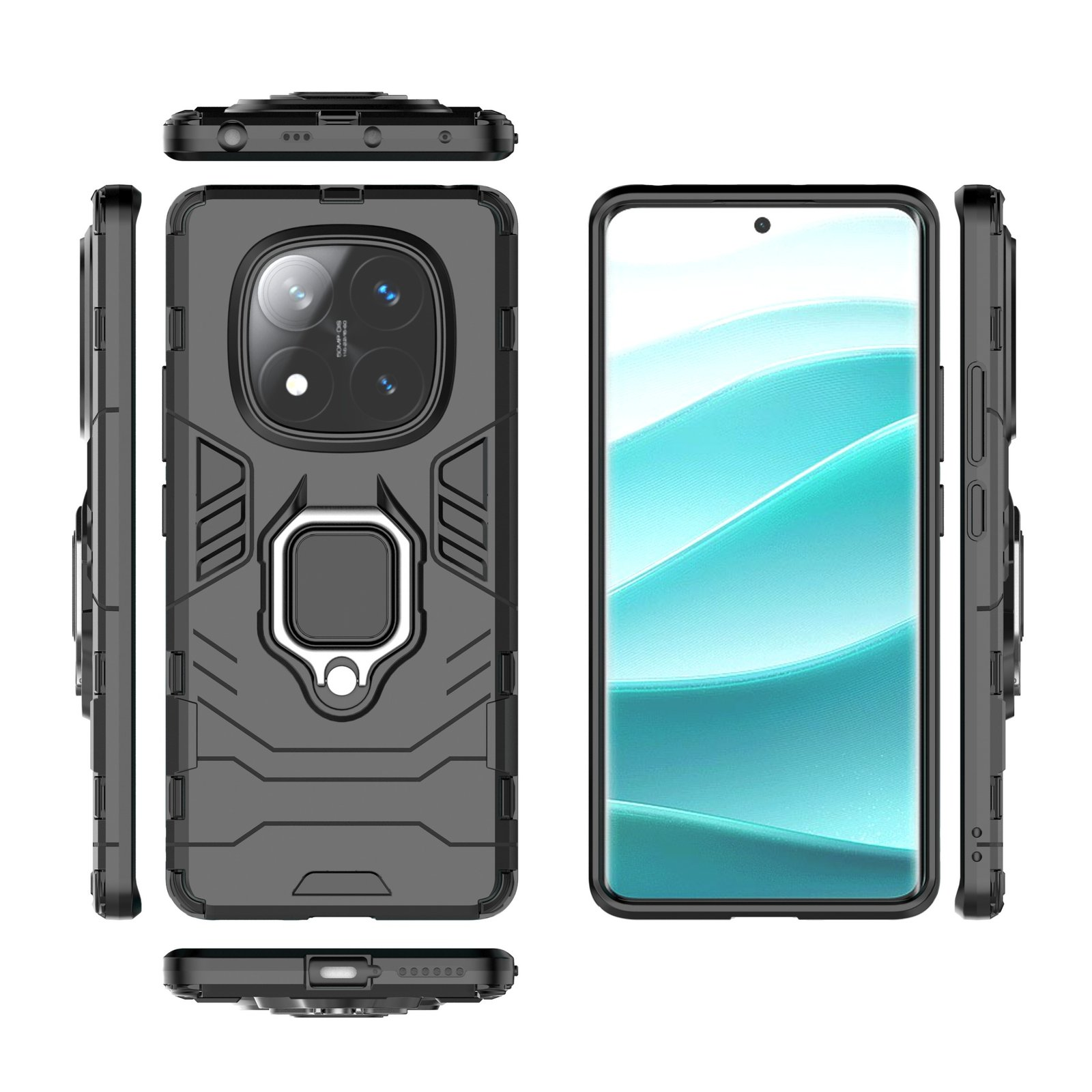 Funda negra para teléfono con soporte de anillo, cámara y pantalla del teléfono. También se presentan vistas laterales y superiores.