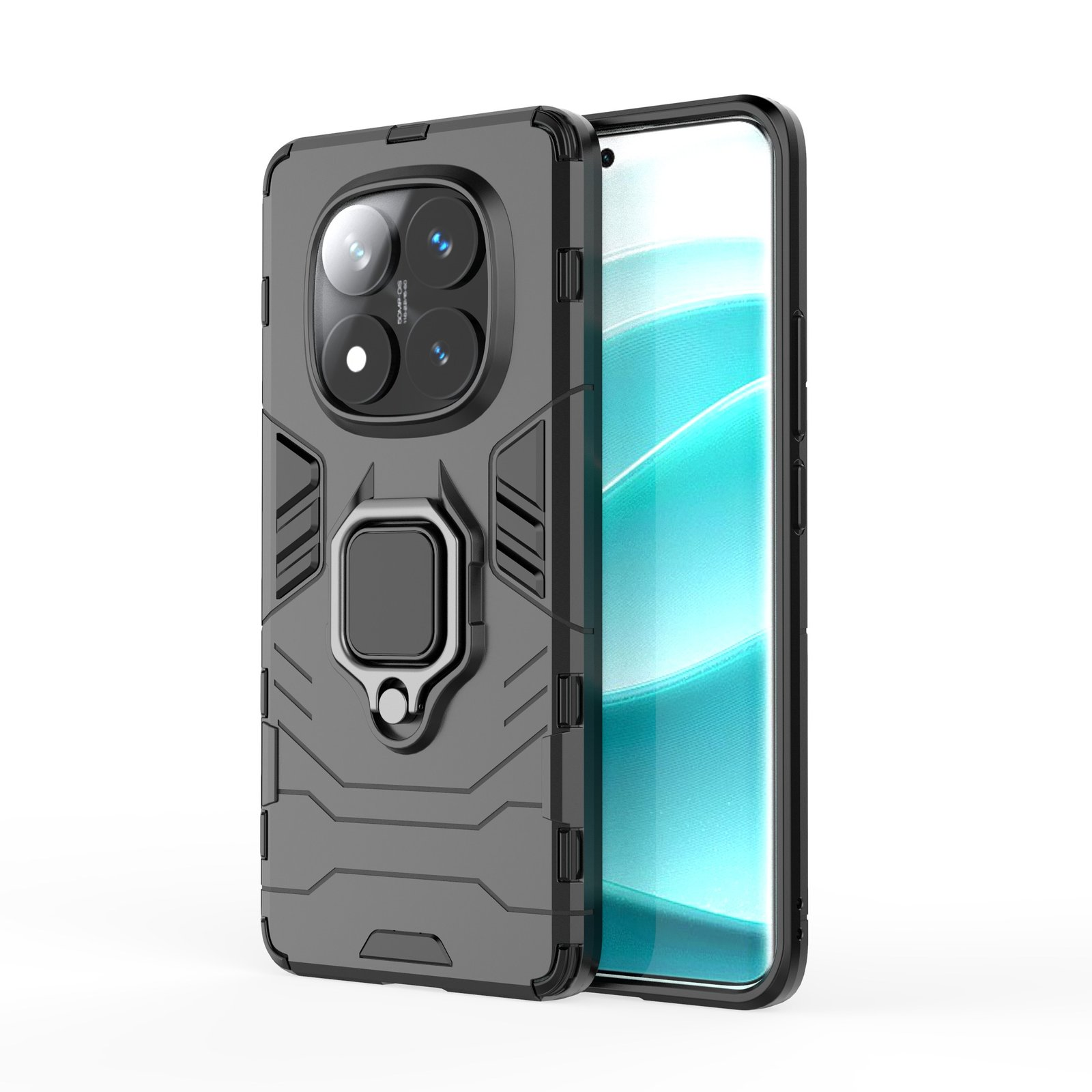 Una funda de teléfono gris con un soporte de anillo está junto a un teléfono. La funda tiene un área de cámara y un diseño texturizado.