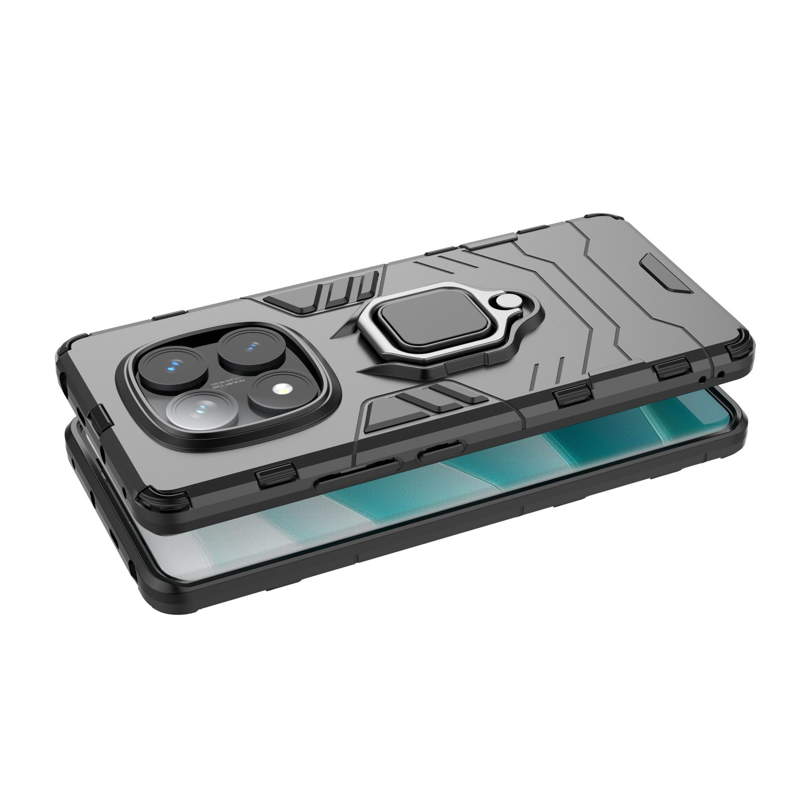Funda de teléfono, gris y negra, con un soporte de anillo. La funda está abierta. Fondo blanco.