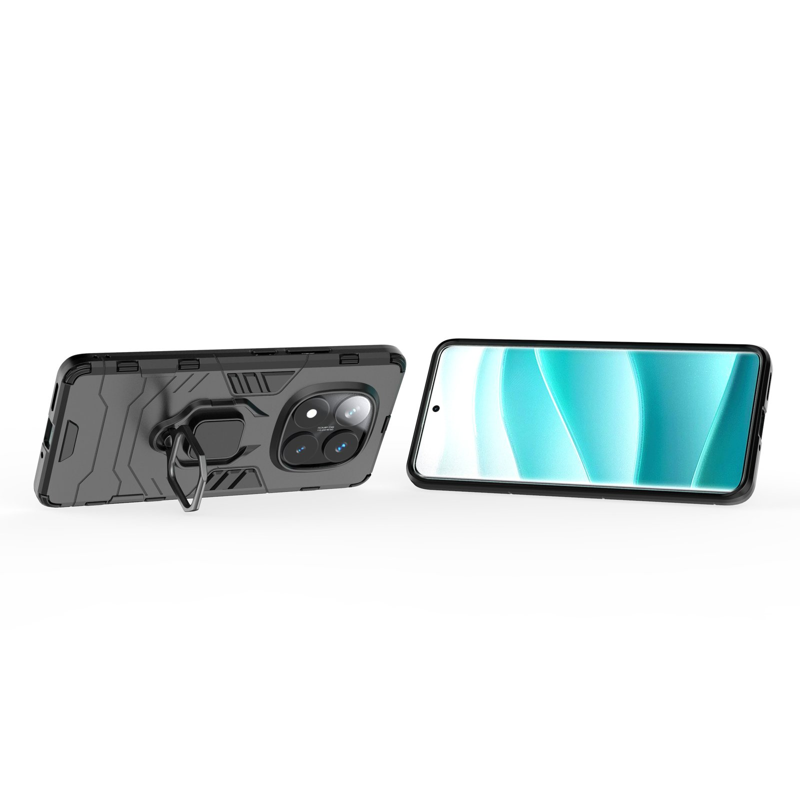 Dos teléfonos, uno en una funda gris oscuro con un soporte de anillo, el otro muestra un diseño abstracto azul claro y blanco.