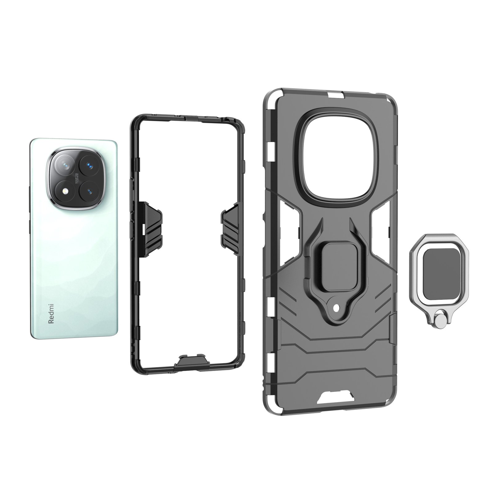 Un teléfono y accesorios: una funda, un soporte de anillo y un teléfono. Todo sobre un fondo blanco.