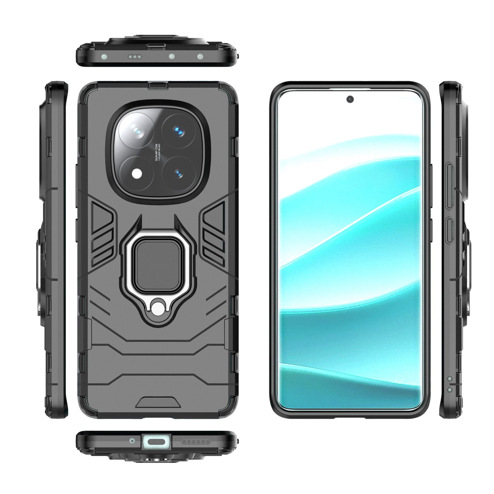 Una funda protectora para teléfono con soporte de anillo, negra y gris. La pantalla y la funda se muestran desde varios ángulos.