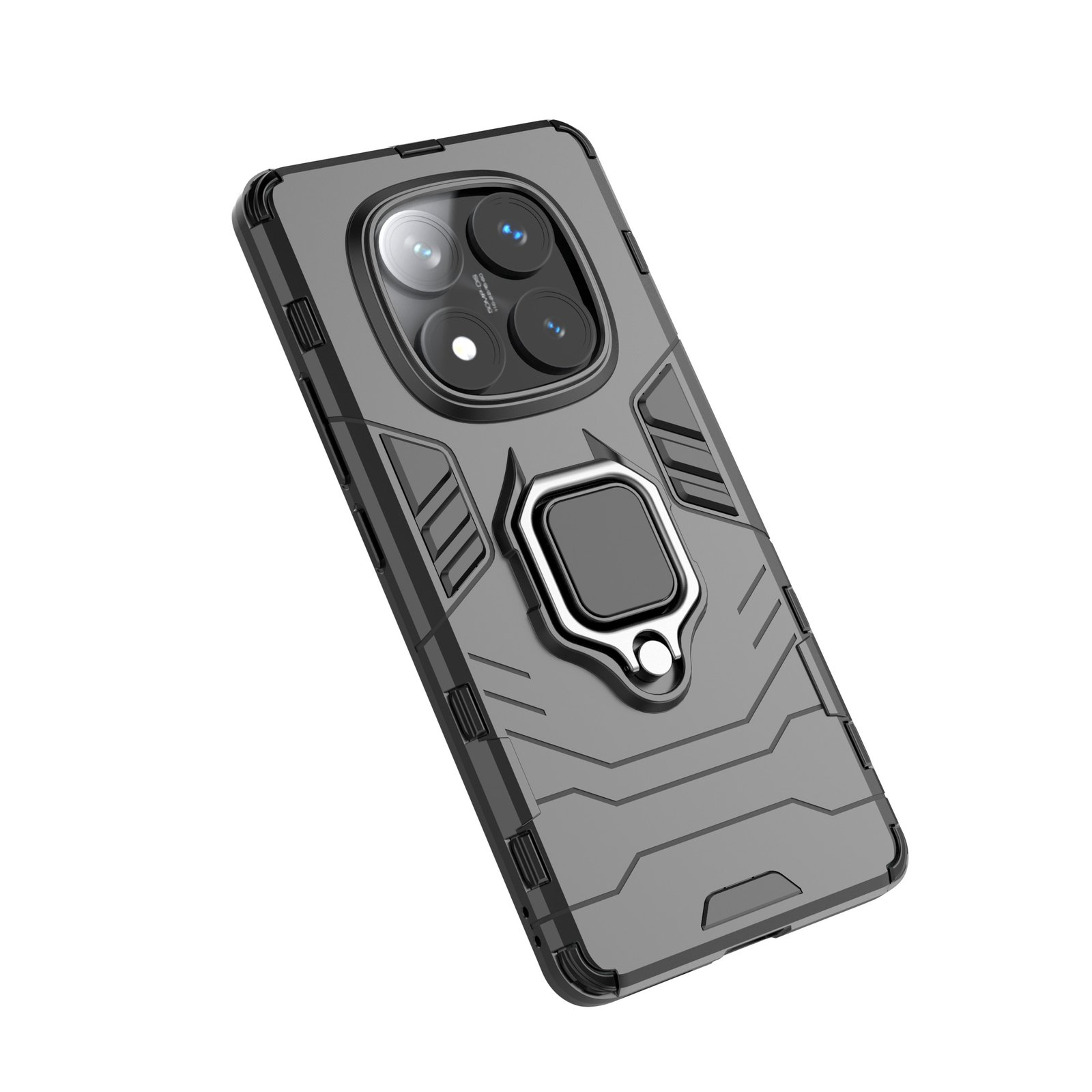 Una funda gris para teléfono con soporte de anillo. Tiene una protuberancia de cámara con múltiples lentes. La funda está en ángulo.