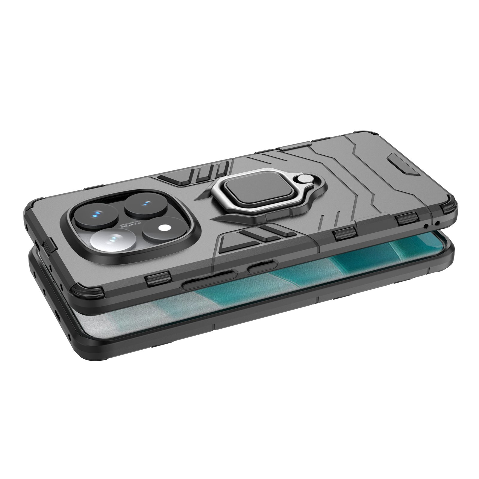Una funda gris para teléfono con soporte de anillo está abierta. La funda tiene un diseño resistente y cubre la cámara del teléfono.