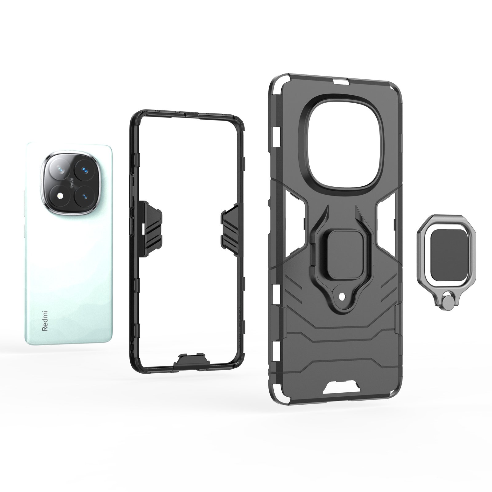 Funda de teléfono con partes: teléfono, marco negro, funda negra, soporte de anillo. Todo sobre fondo blanco.