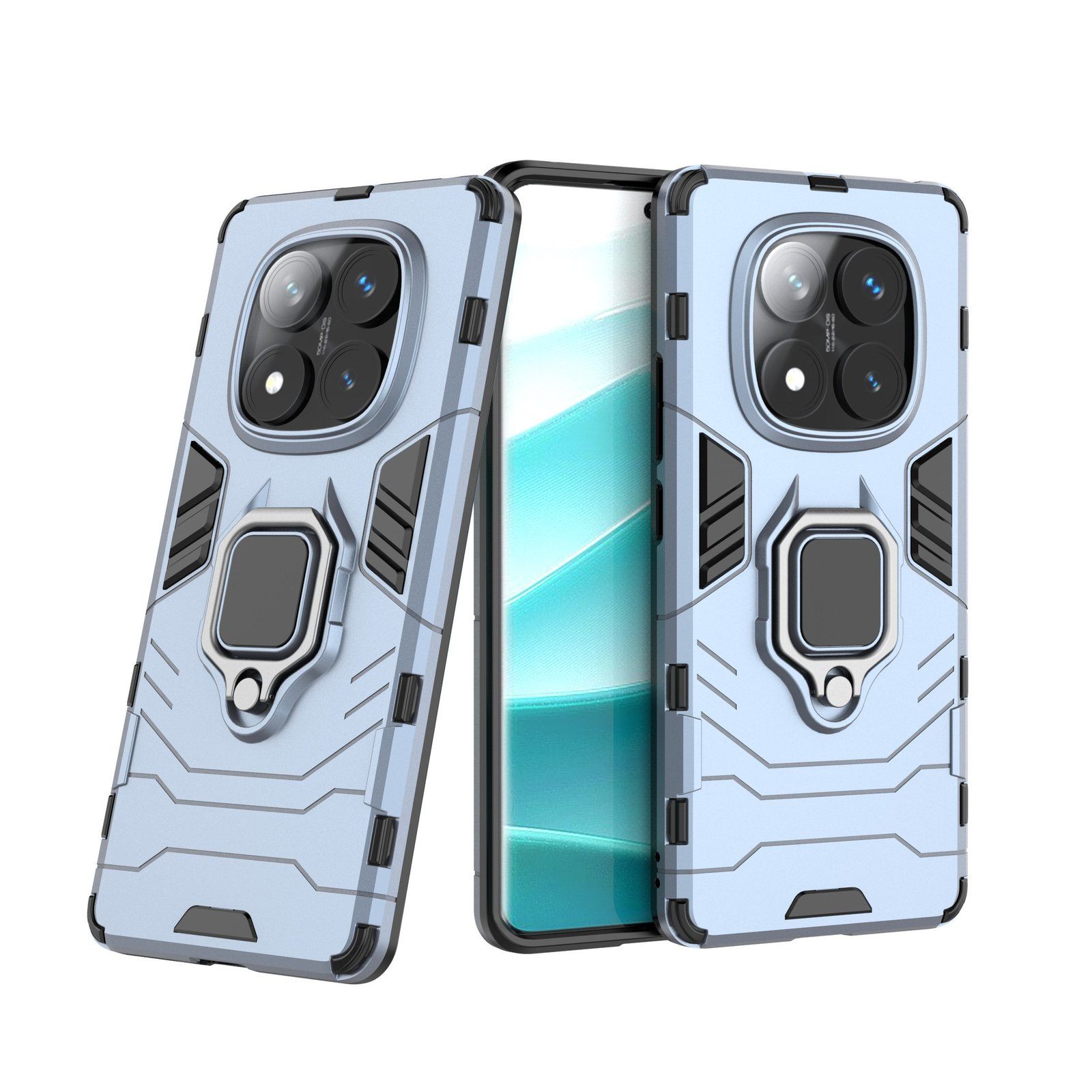 Tres fundas de teléfono azul claro, dos con teléfonos. Cada funda tiene un soporte de anillo y un recorte de cámara.