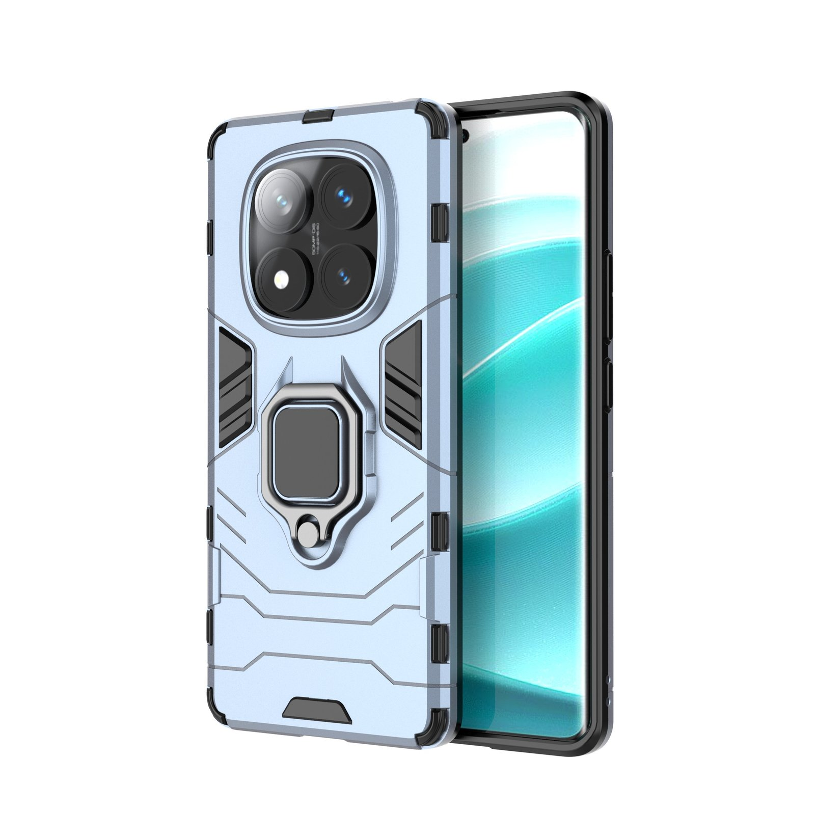 Funda de teléfono azul claro con detalles negros y un teléfono. La funda tiene un soporte de anillo y múltiples lentes de cámara.