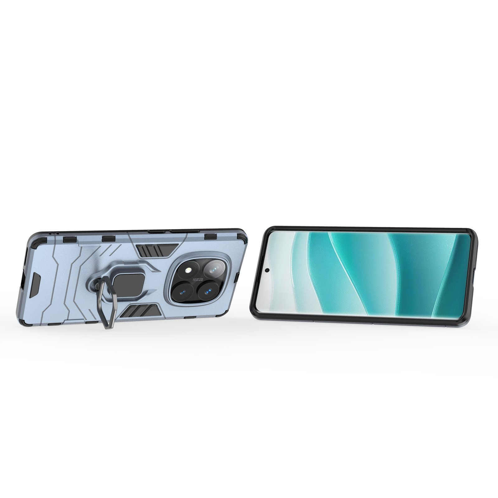 Teléfono con funda azul claro, soporte de anillo y pantalla con diseño abstracto turquesa, sobre fondo blanco.