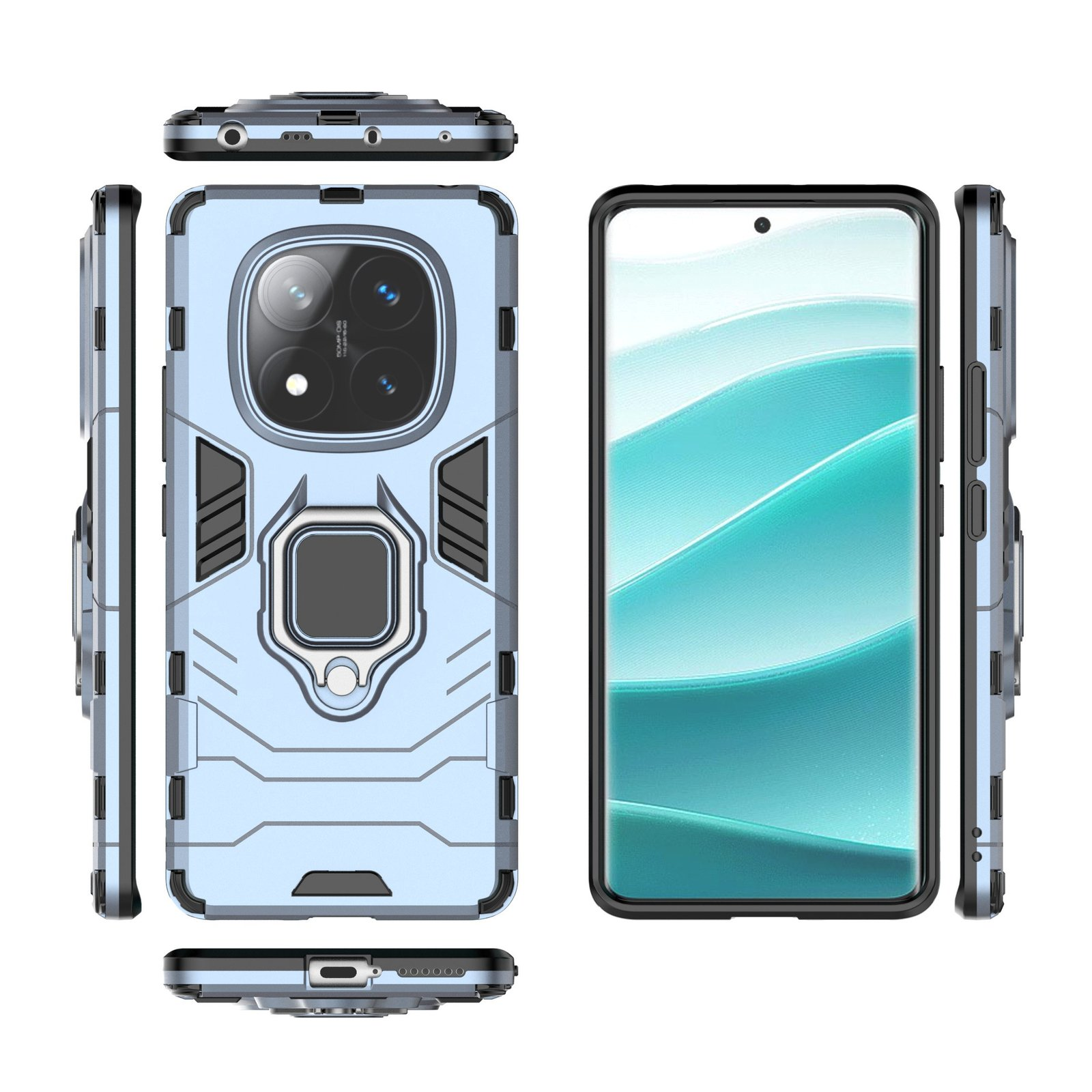 Funda de teléfono azul claro con detalles negros. Incluye pantalla del teléfono y vistas laterales. Con soporte de anillo.