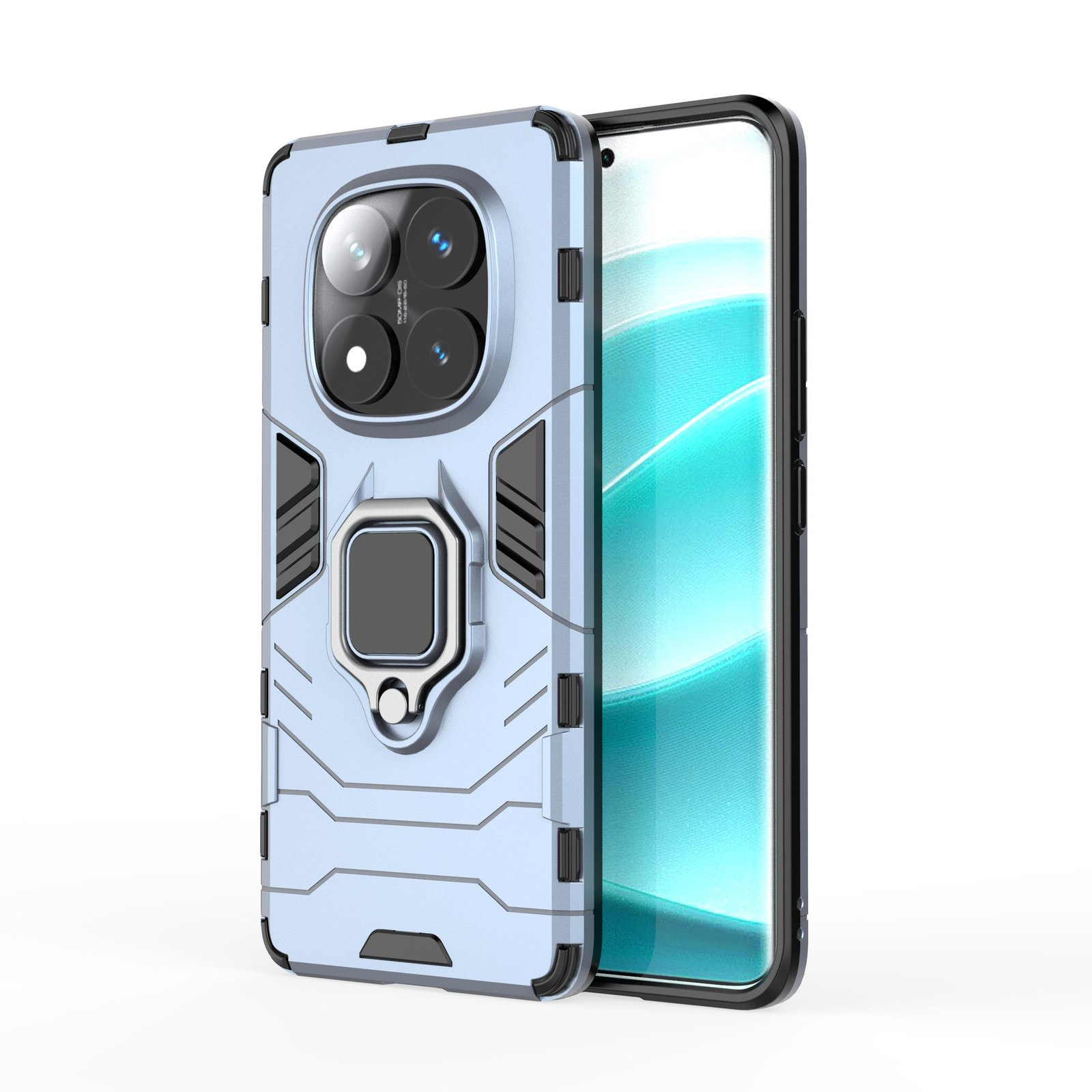 Un teléfono inteligente en una funda azul con soporte de anillo sobre fondo blanco. La pantalla es visible.