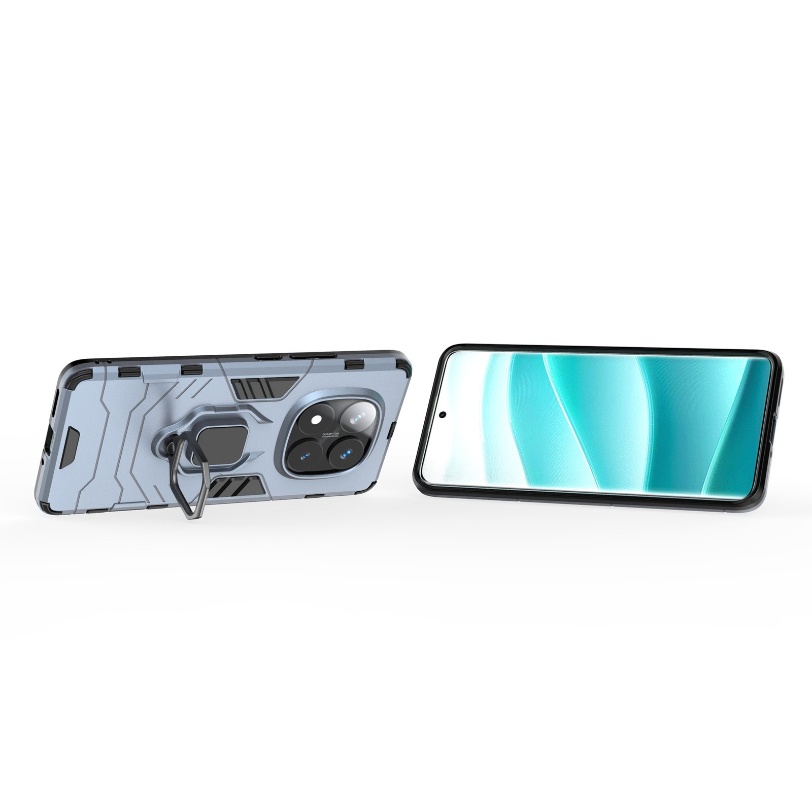 Un teléfono con una funda azul claro con soporte de anillo está junto a un teléfono que muestra un diseño turquesa y blanco.