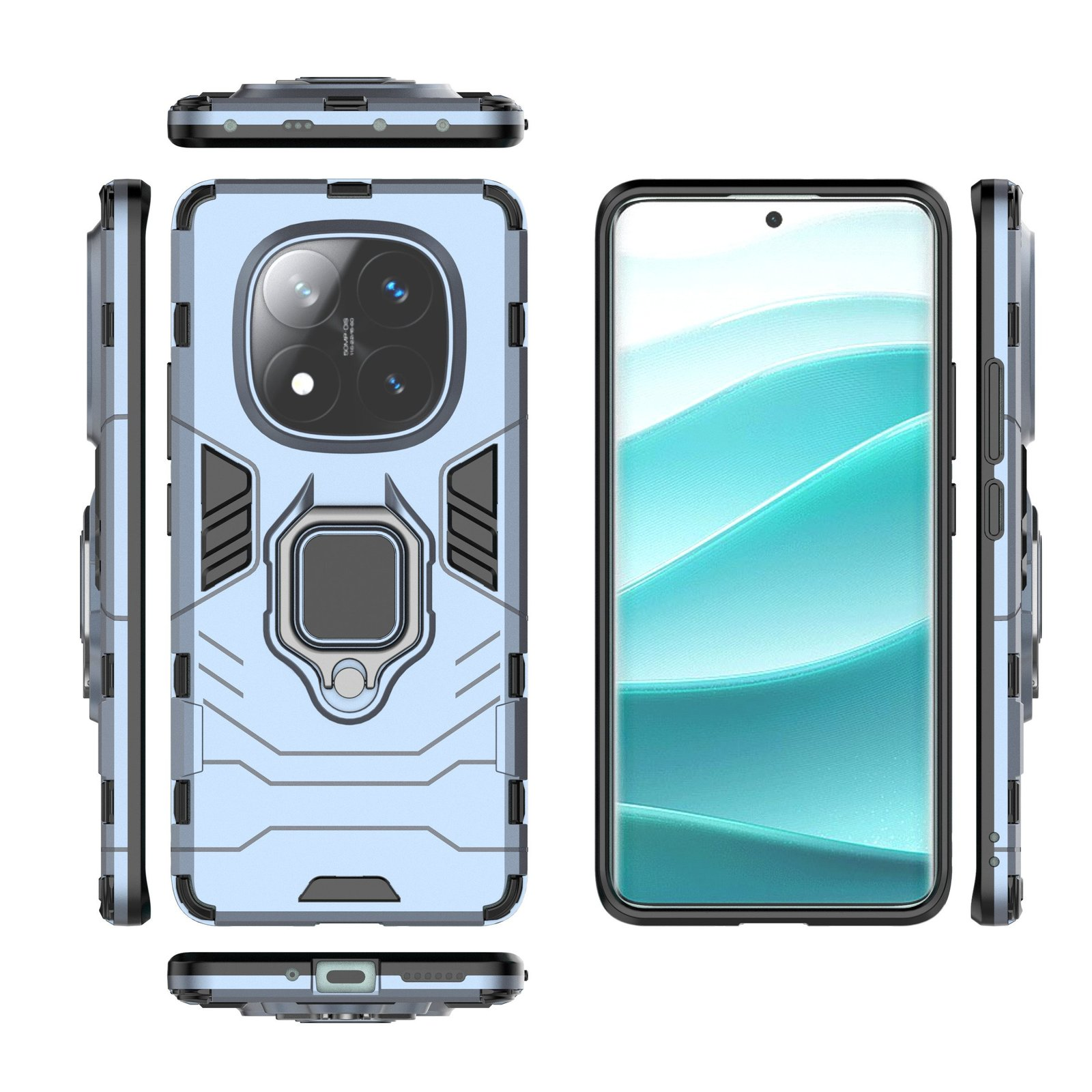 Una funda de teléfono azul claro con un recorte para la cámara y un soporte de anillo, junto a un teléfono con pantalla verde azulado.