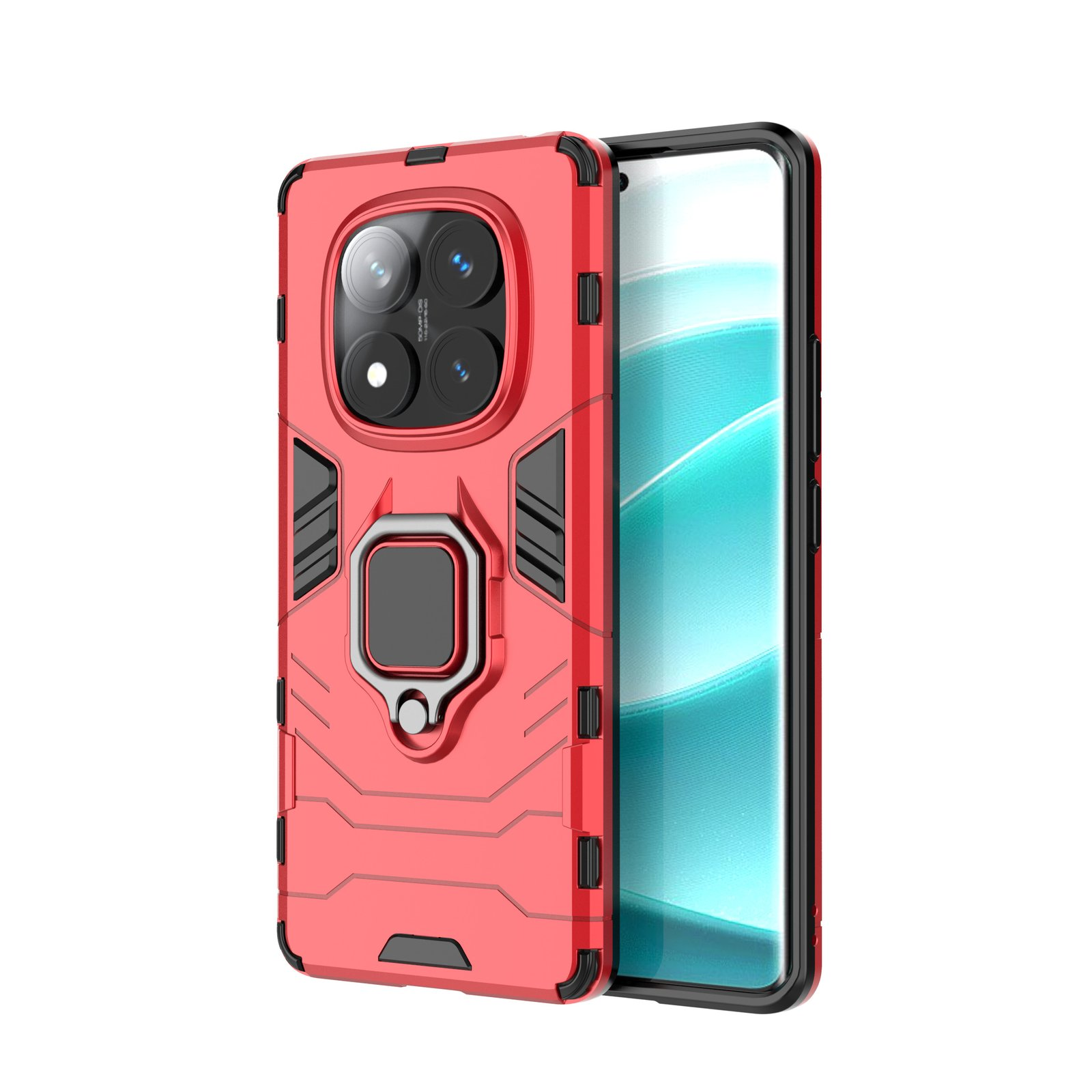 Una funda roja para teléfono con un teléfono dentro. La funda tiene un soporte de anillo y cubre la cámara del teléfono.