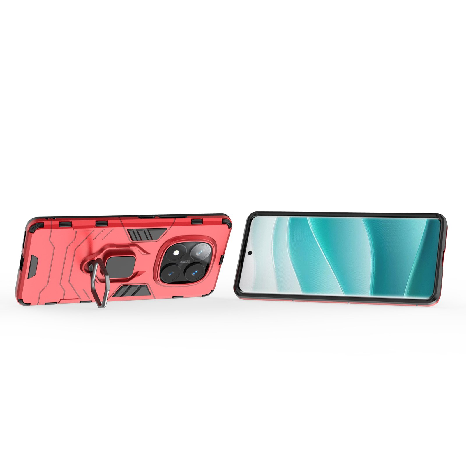 Dos fundas de teléfono, rojas y negras, sobre fondo blanco. Una con pantalla, la otra con soporte de anillo.