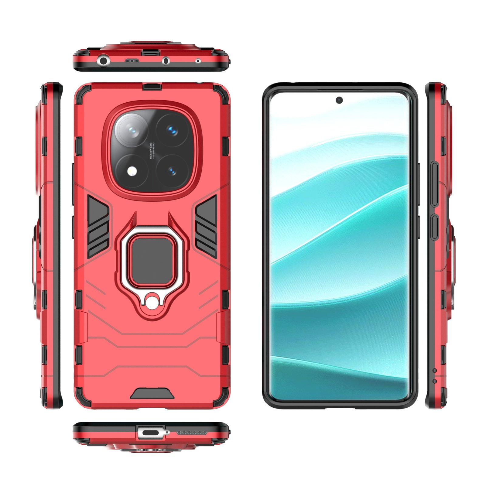 Una funda roja para teléfono con pantalla negra y soporte de anillo. La funda se muestra desde varios ángulos.