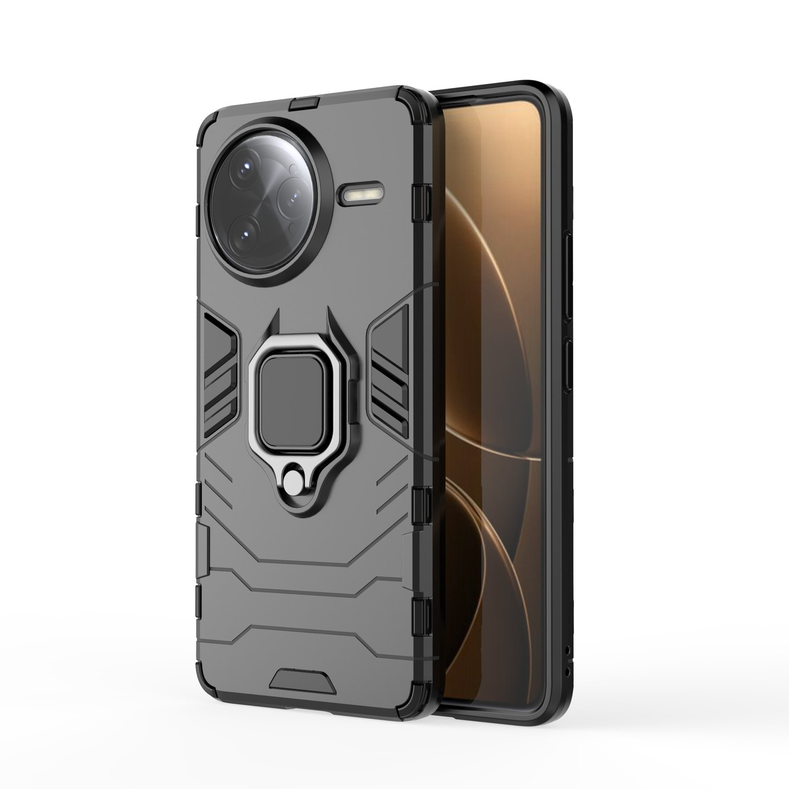Una funda gris para teléfono con un soporte de anillo y un teléfono. La funda tiene un recorte para la cámara y está sobre un fondo blanco.