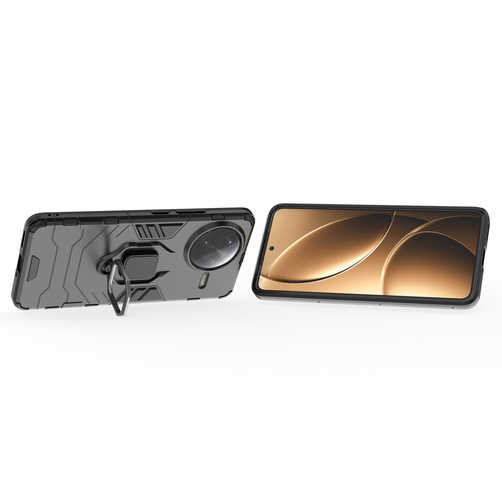 Dos smartphones, uno en una funda protectora con anillo, el otro muestra un diseño dorado en la pantalla. Ambos sobre fondo blanco.