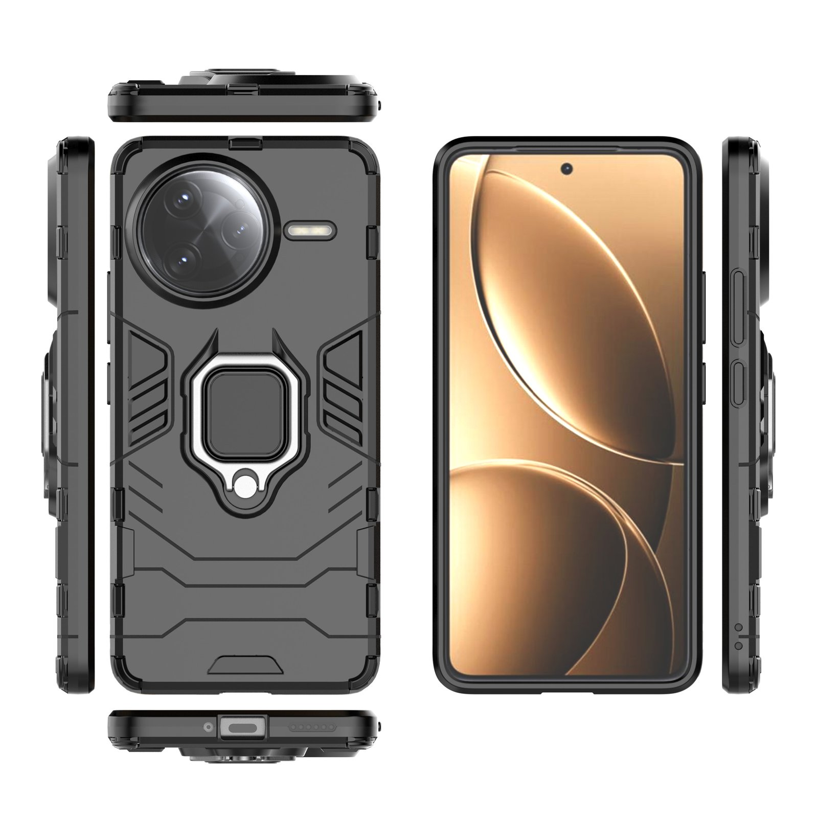 Funda de teléfono negra con soporte de anillo y pantalla dorada.