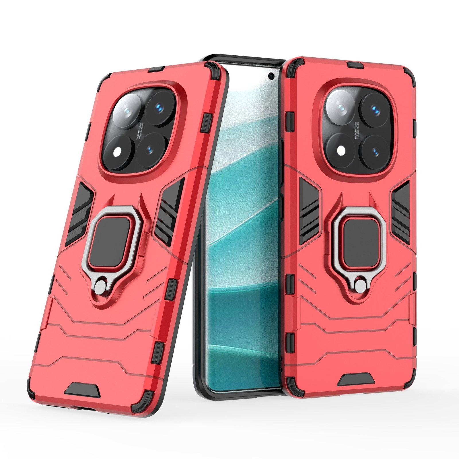 Fundas rojas para teléfono con detalles negros. El teléfono está en el centro. Las fundas tienen un soporte de anillo.