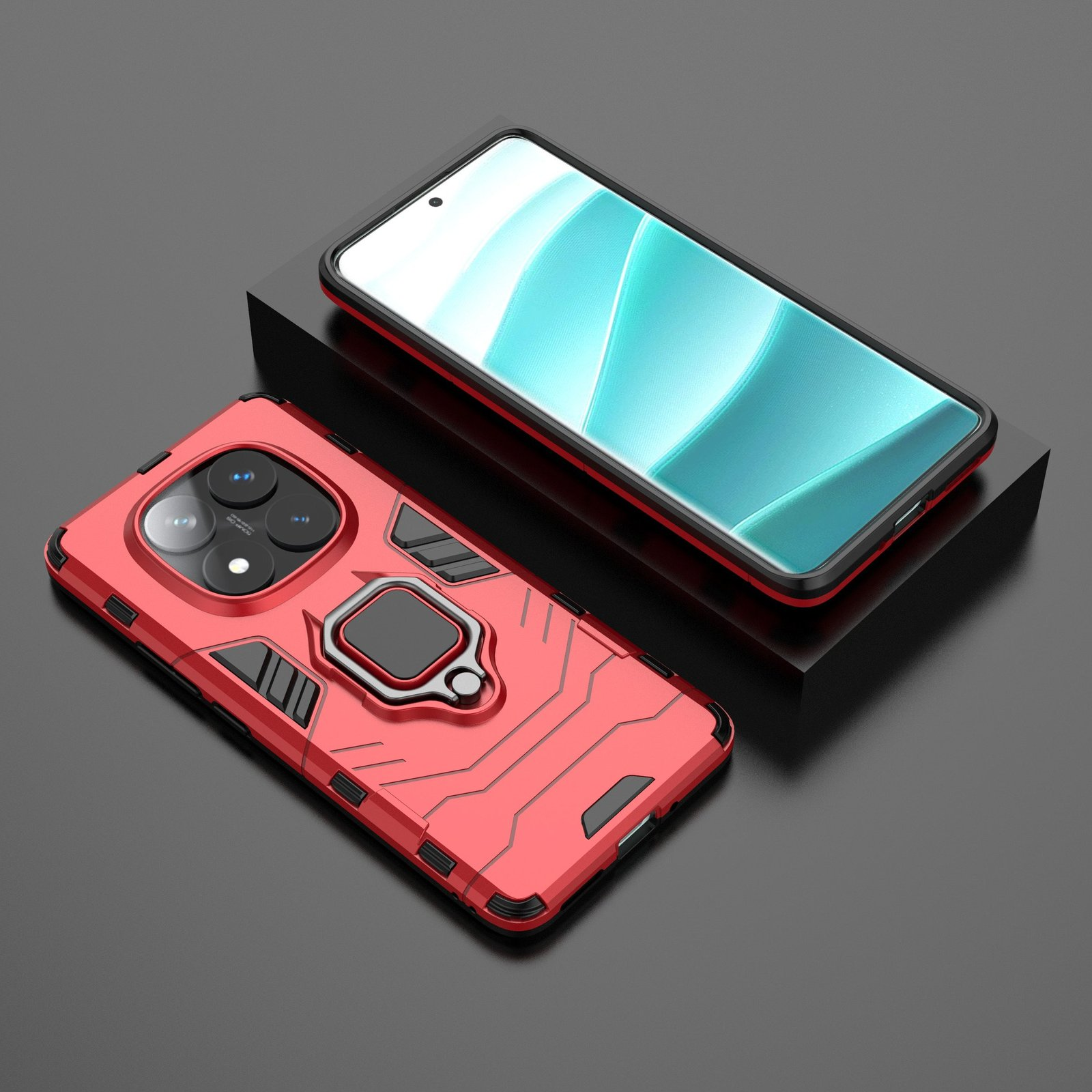 Funda roja para teléfono con cámara, soporte de anillo y otro teléfono sobre una superficie negra.