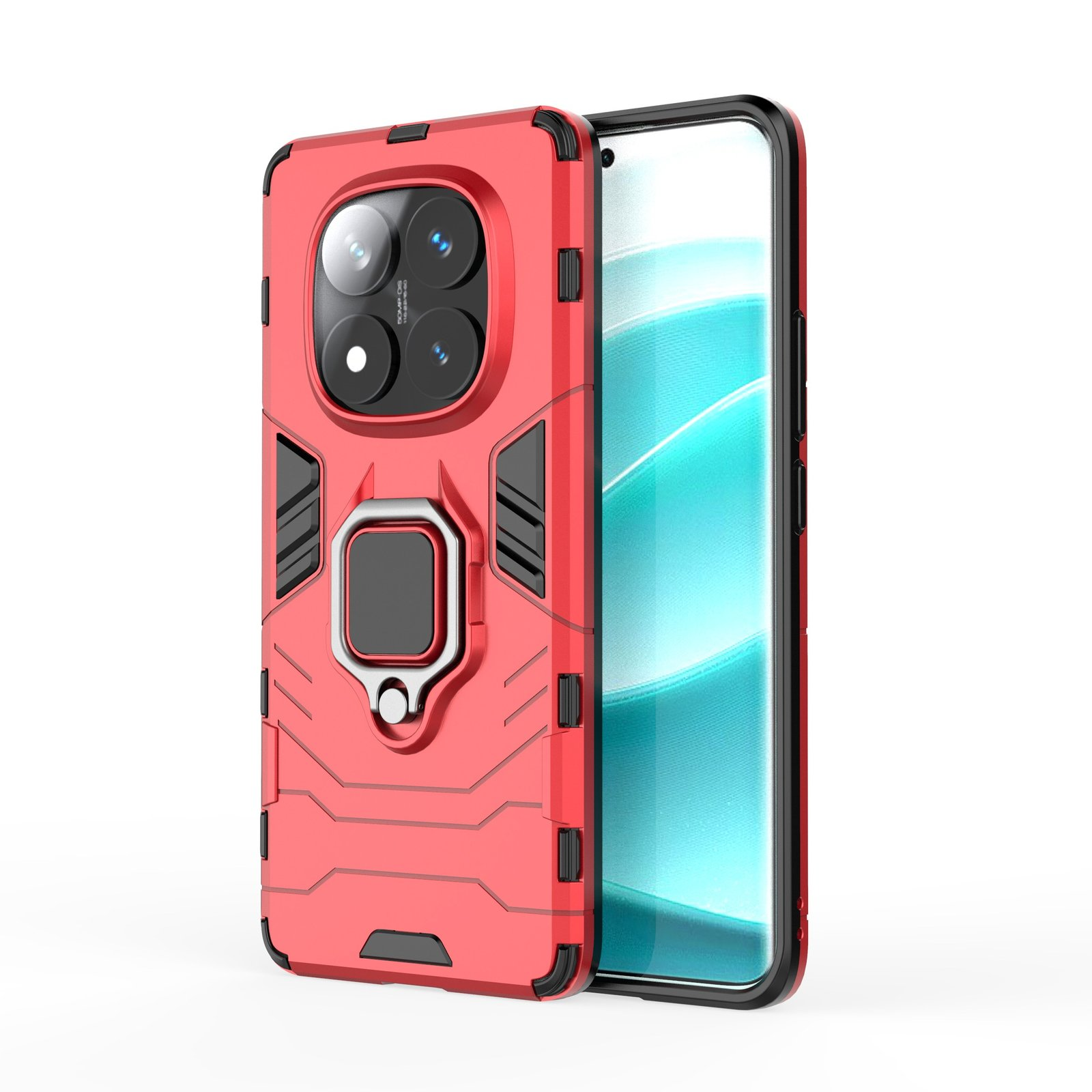 Se muestra una funda roja para teléfono con marco negro, soporte de anillo y cámaras. La pantalla del teléfono es visible.