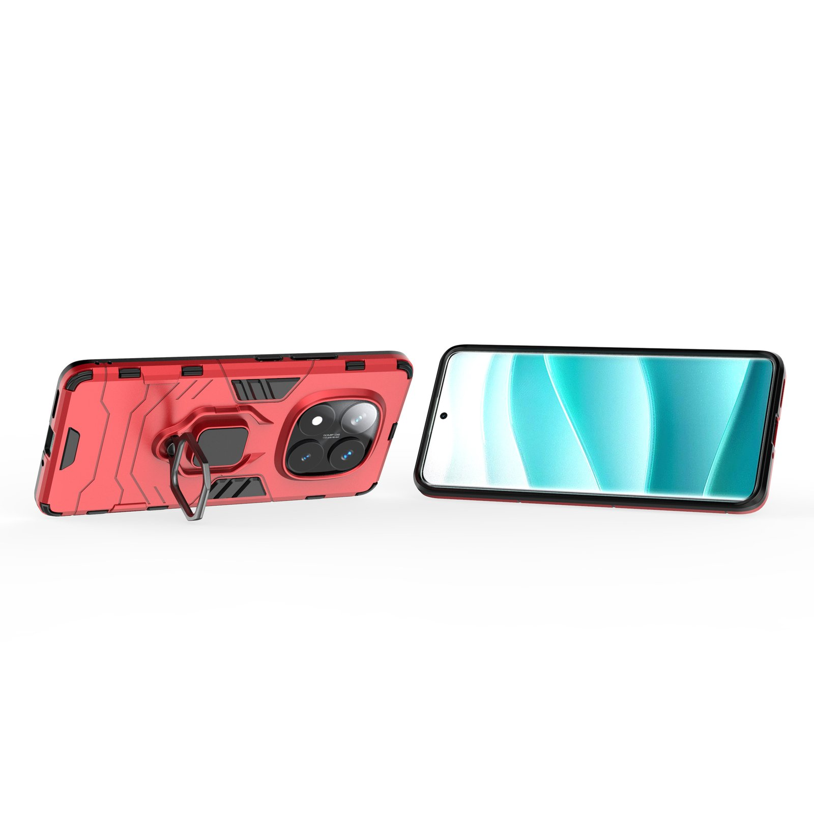 Una funda roja para teléfono con soporte de anillo junto a un teléfono con pantalla turquesa y blanca.