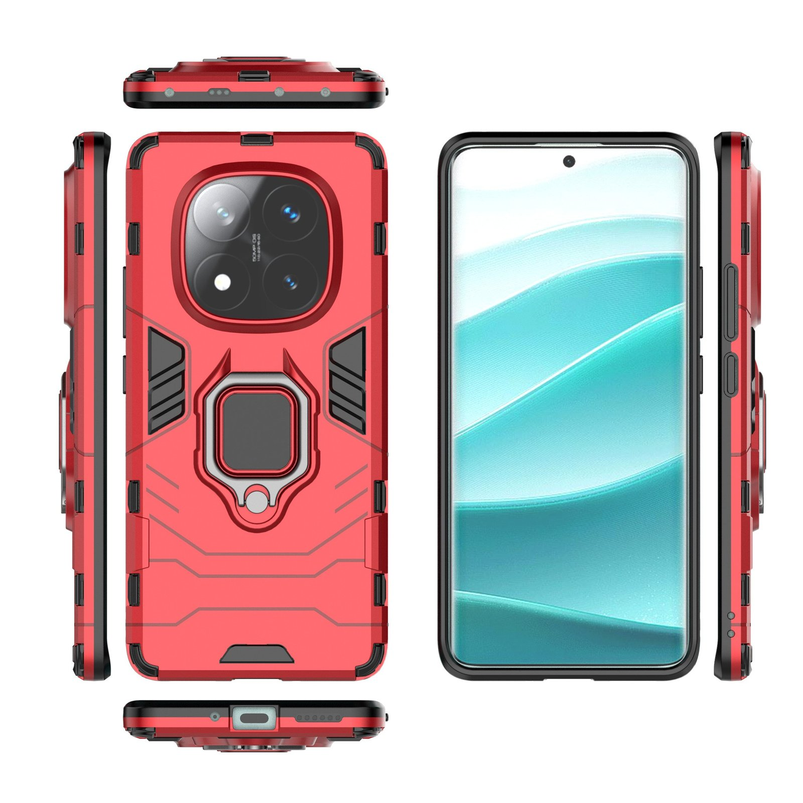 Funda de teléfono roja con detalles negros. Muestra diferentes ángulos: frontal con cámara, lateral, superior y pantalla del teléfono.