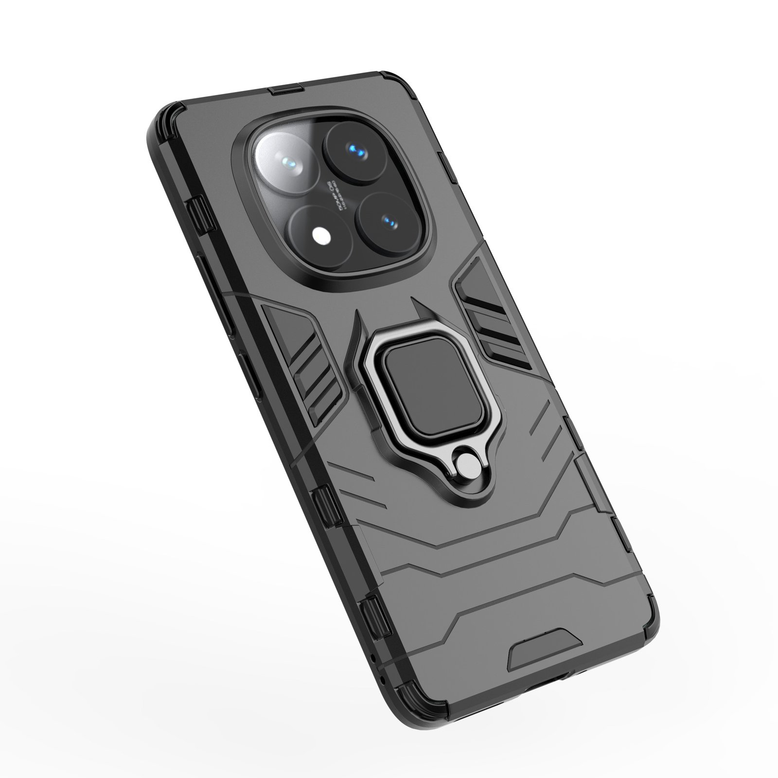 Una funda negra para teléfono con soporte de anillo, lente de cámara y diseño geométrico, contra un fondo blanco.