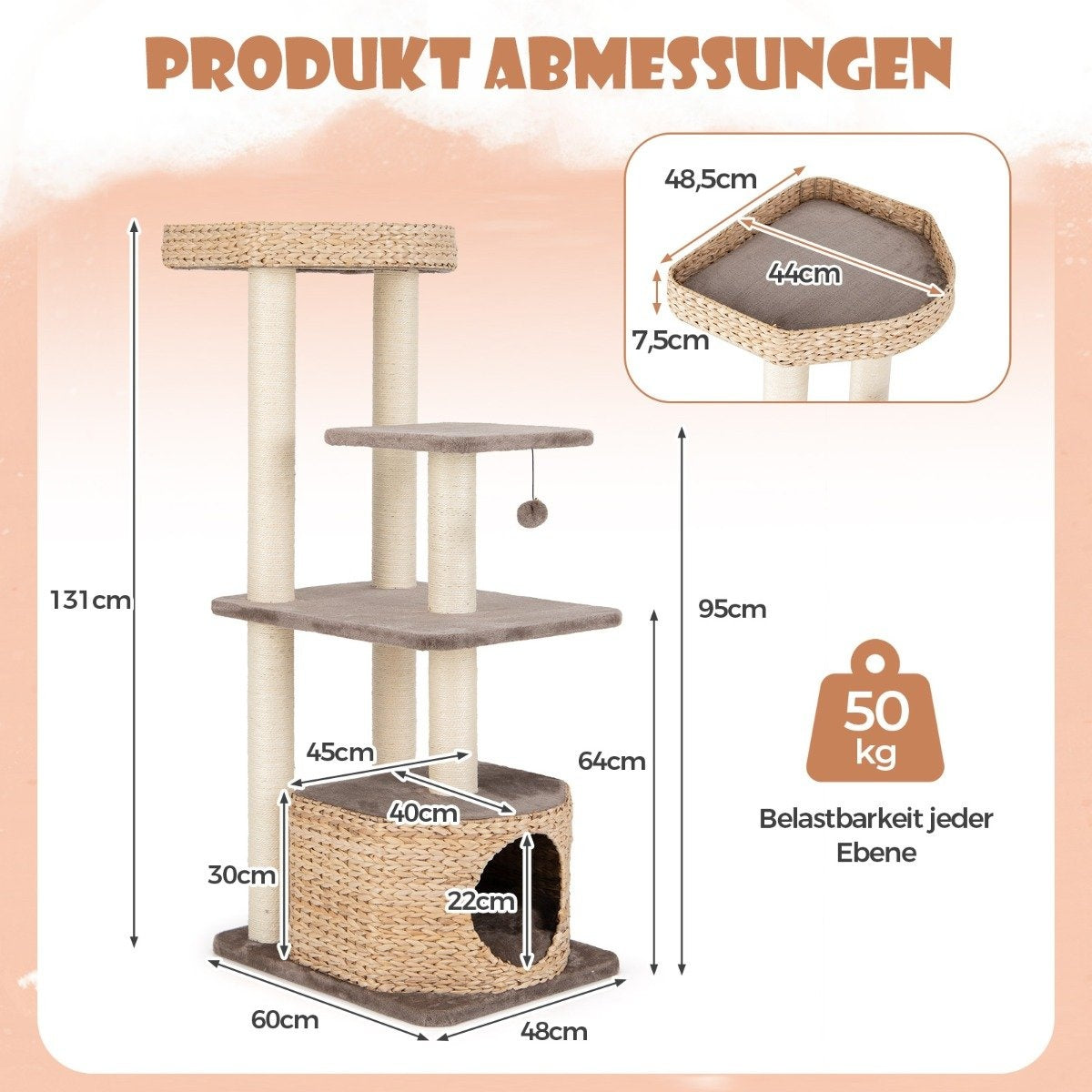 Árbol para gatos con dimensiones y capacidad de 50 kg por nivel. Con plataformas, cueva y postes rascadores.