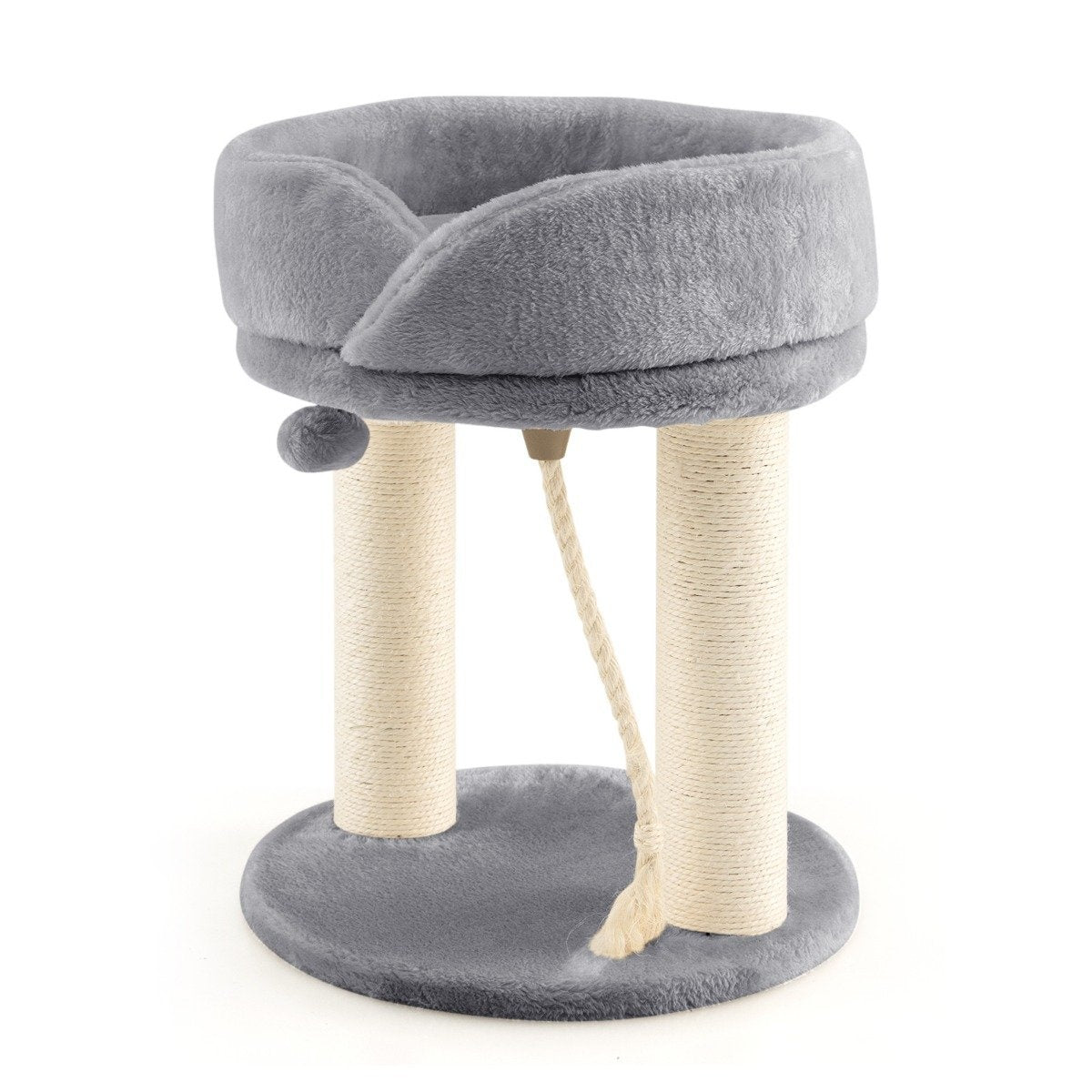 Un árbol para gatos gris con una cama superior, dos postes envueltos en cuerda y una base. Un juguete de cuerda colgante está adjunto.