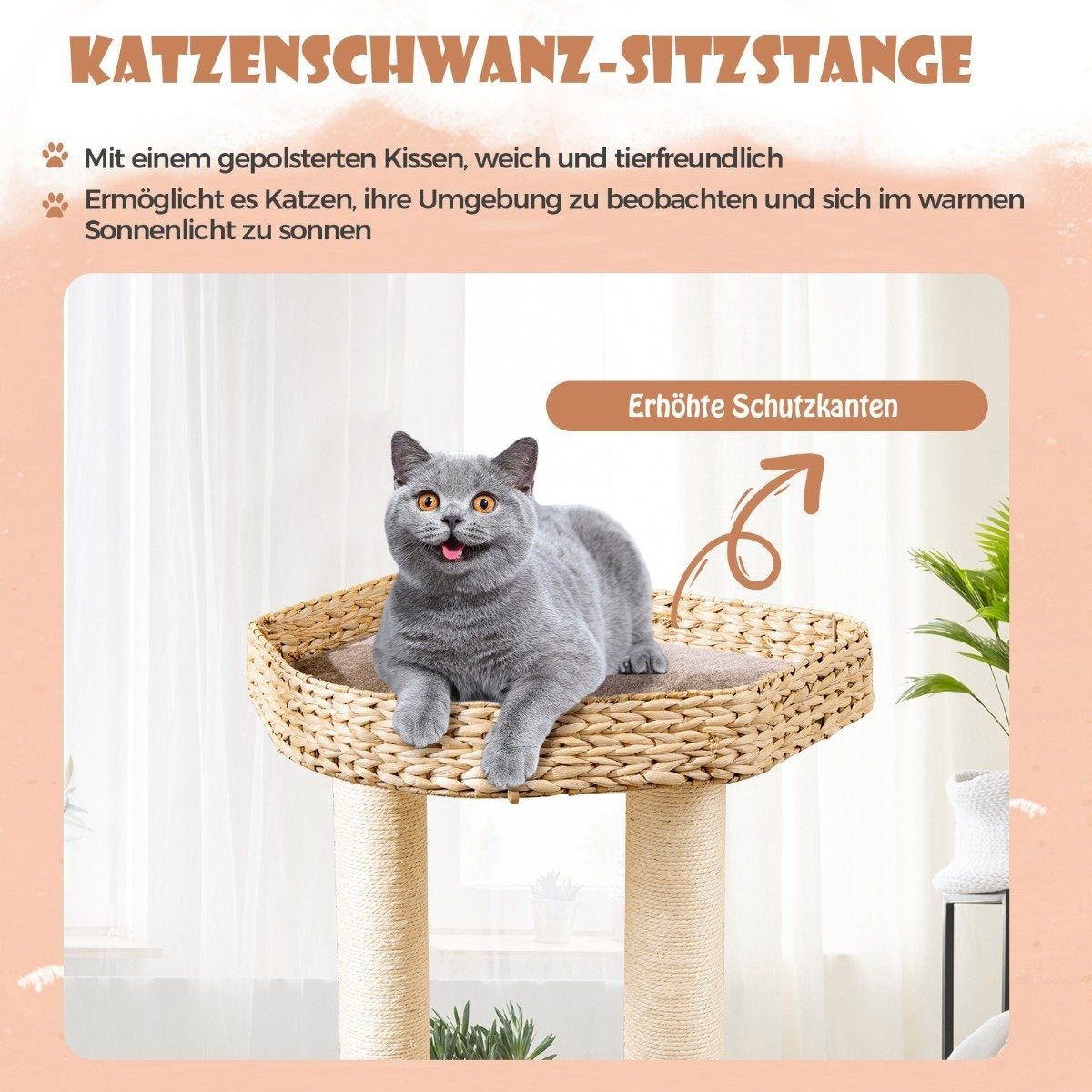 Un gato gris yace en un árbol para gatos con una cesta tejida. El gato tiene ojos anaranjados y saca la lengua.