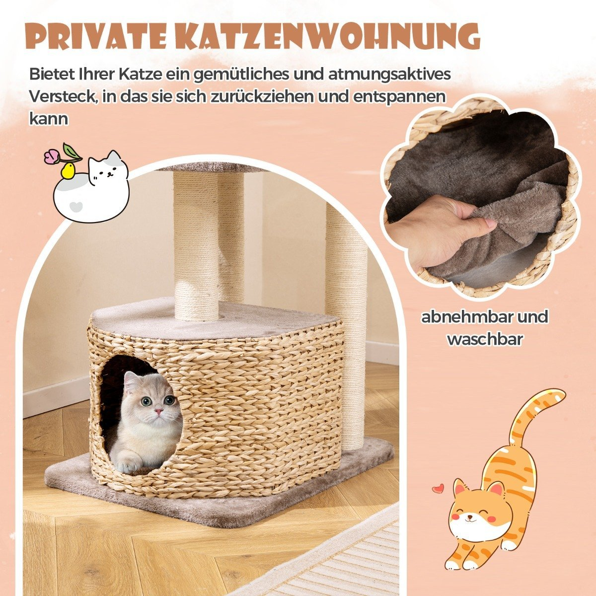 Un árbol para gatos con un gato dentro. Tiene un escondite tejido y postes para rascarse. Un gato de dibujos animados se estira cerca. Texto en alemán.