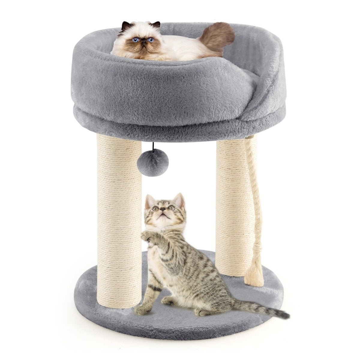 Un árbol para gatos con dos gatos. Un gato está en la cama superior, el otro en la base, estirándose.