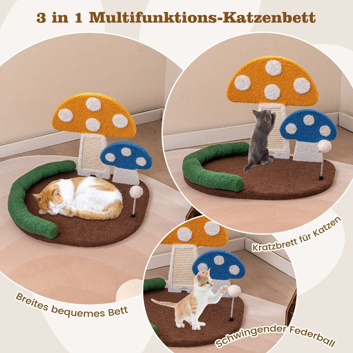 Una cama para gatos con rascadores en forma de hongo y un juguete de plumas. Los gatos se muestran durmiendo, jugando y en la cama.