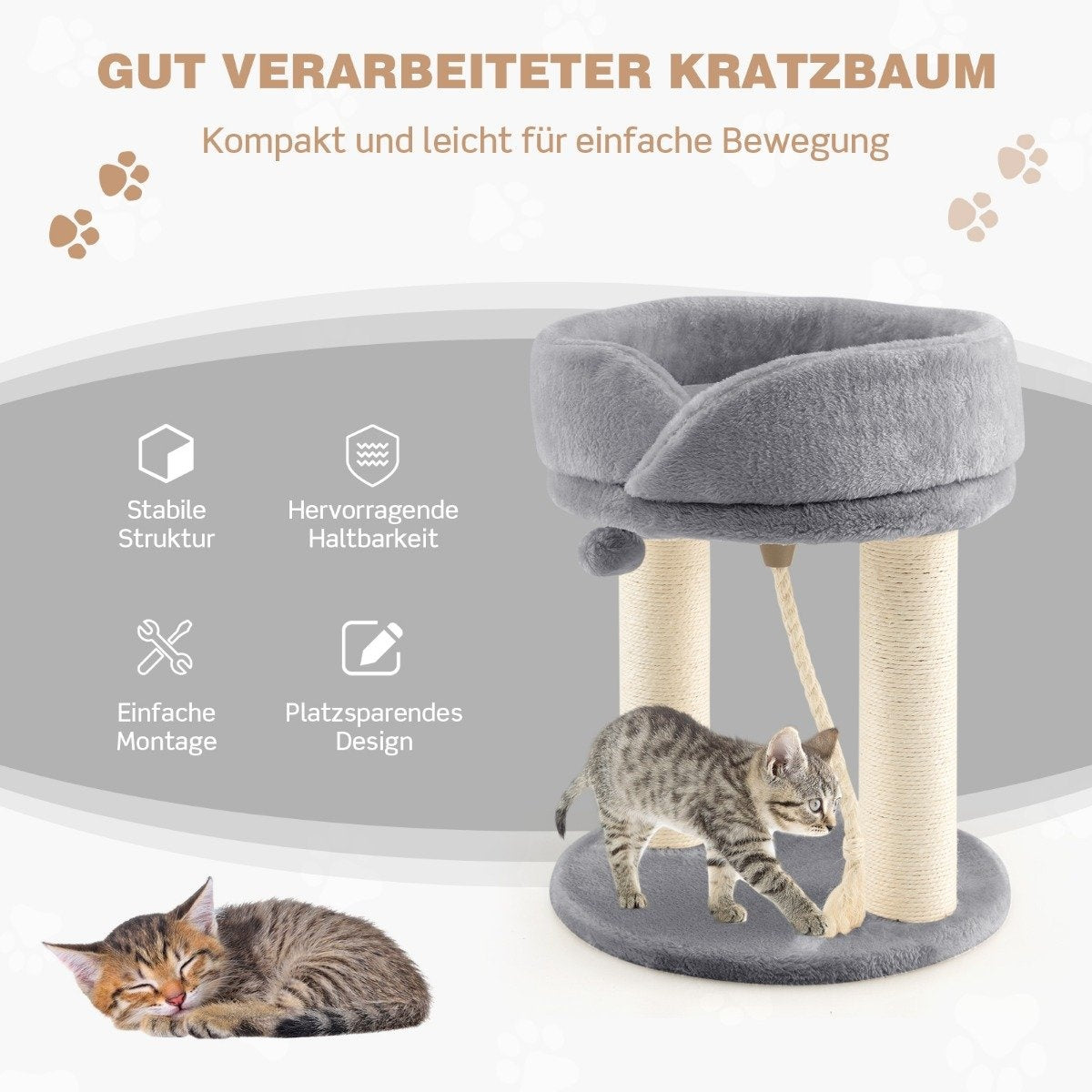 Un rascador con un gato durmiendo y un gatito juguetón. El árbol es gris y beige. El texto dice 'rascador', 'estructura estable' y 'fácil montaje'.