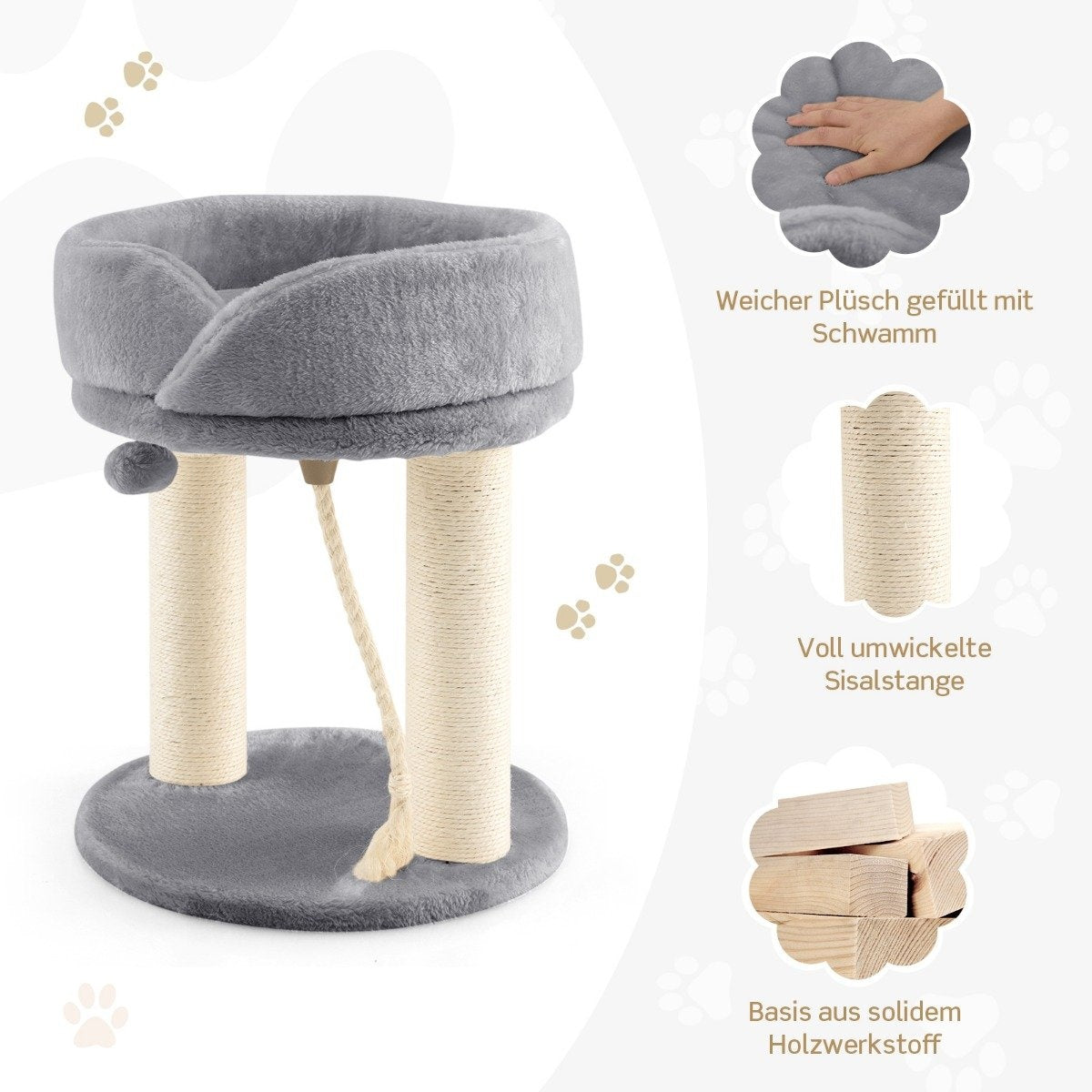 Un árbol para gatos gris con base redonda, dos postes rascadores y una cama suave. Detalles muestran postes de sisal, felpa y madera maciza.